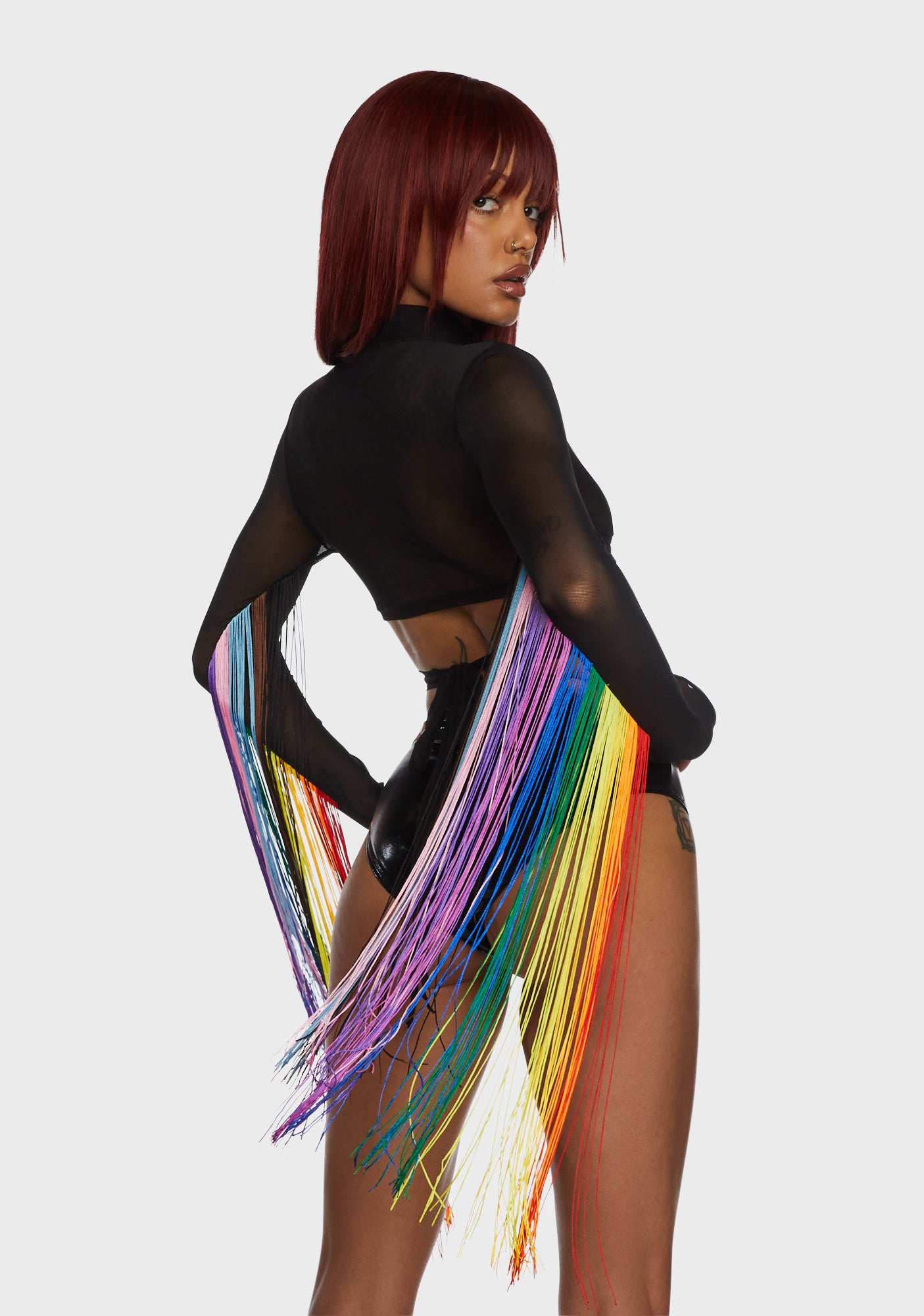 Club Exx Rainbow Fringe Mesh Wrap Top - Black – Dolls Kill