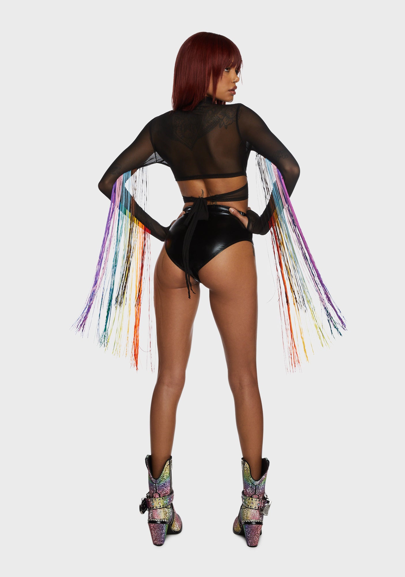 Club Exx Rainbow Fringe Mesh Wrap Top - Black – Dolls Kill