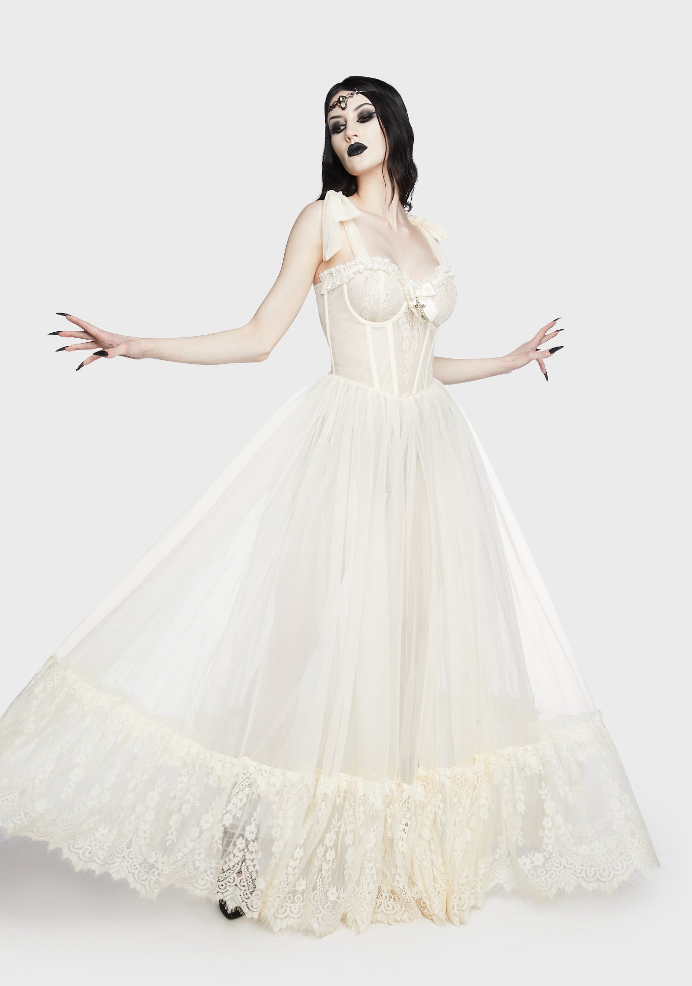 Widow Gothic Lace Bustier Sleeveless Maxi Dress - Off White Dolls Kill Widow Gothic Lace Bustier Sleeveless Maxi Dress - Off White Dolls Kill