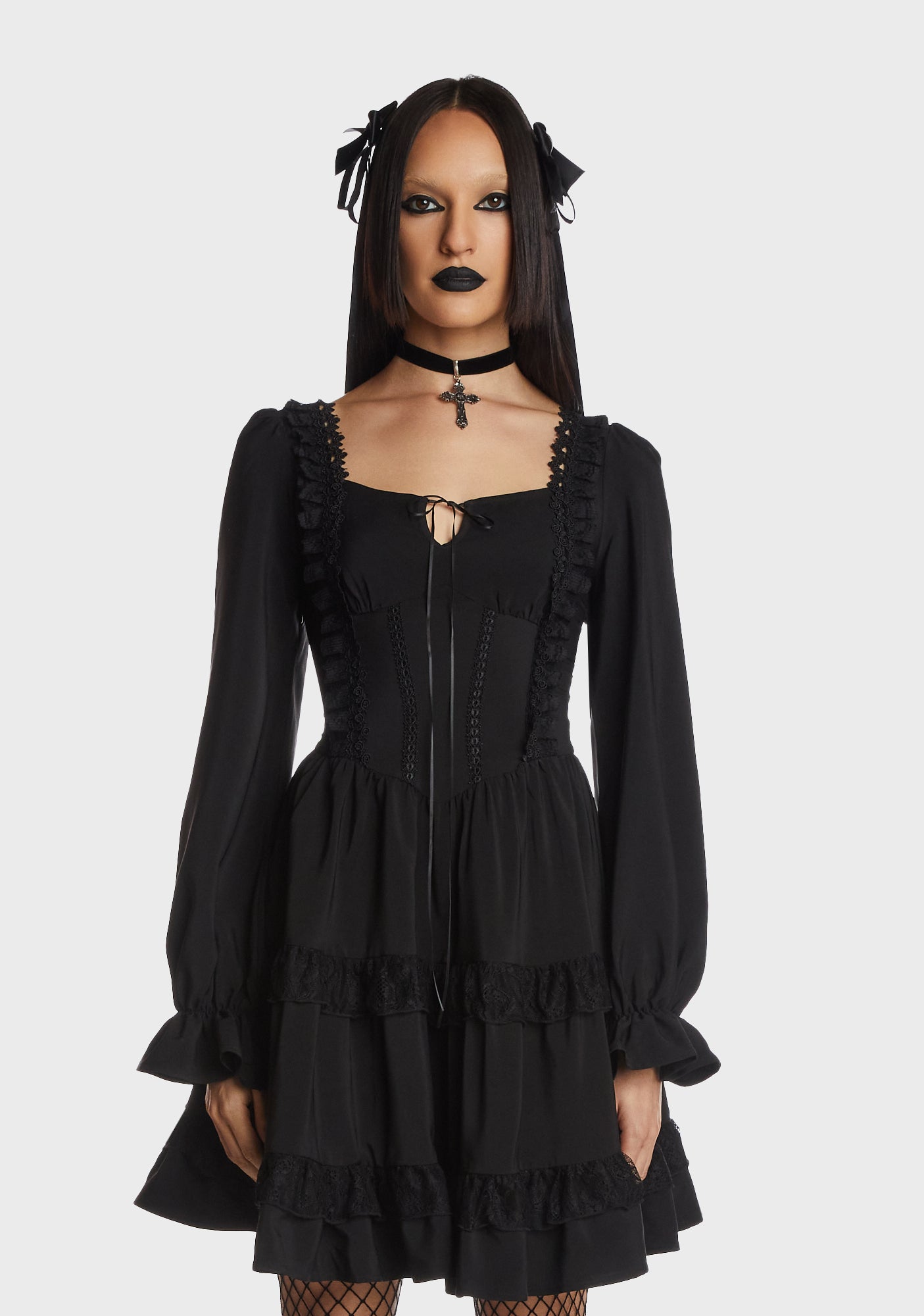Dark In Love Puff Sleeve Lace Trim Mini Dress - Black – Dolls Kill