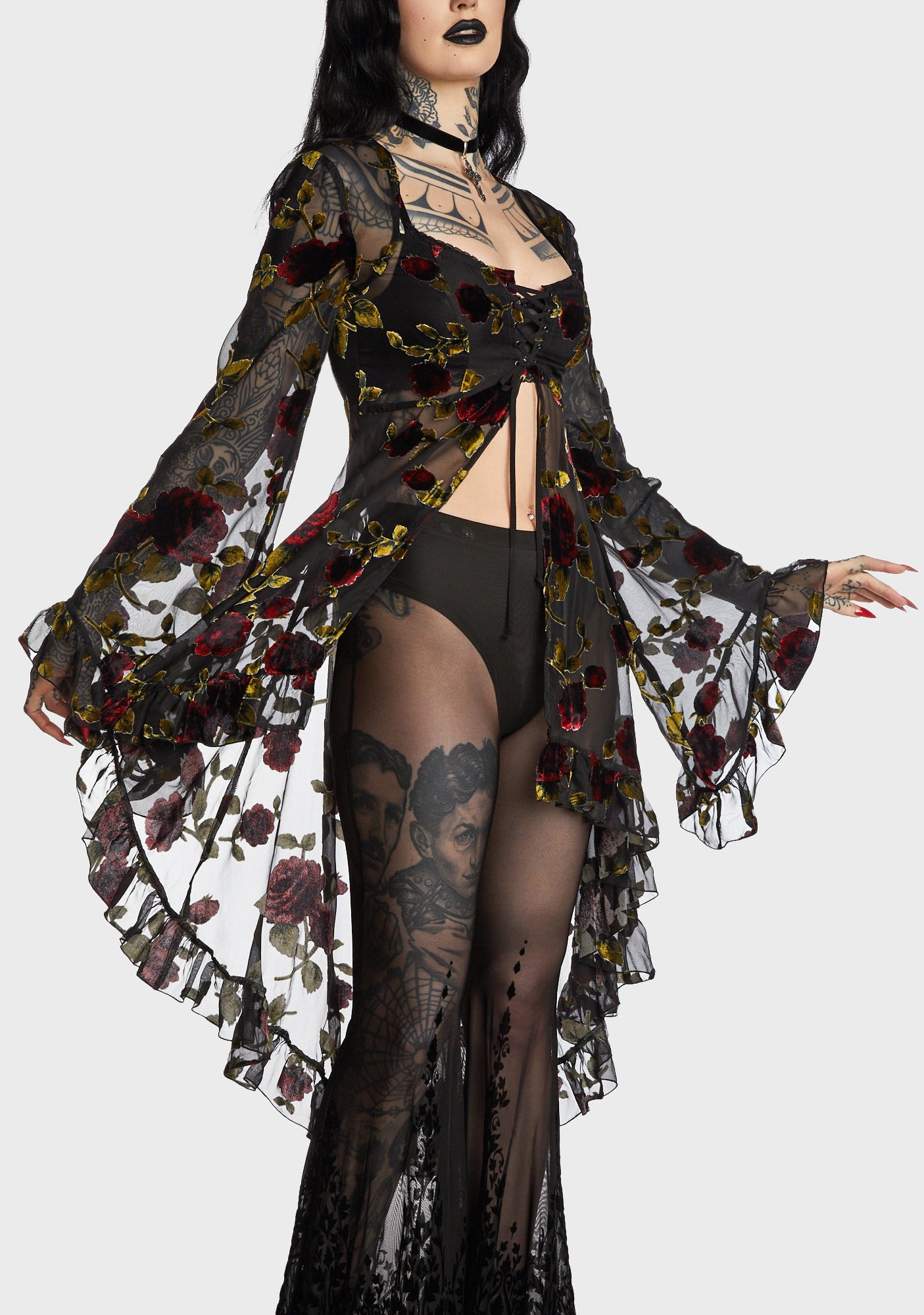knee length dresses for ladies Widow Sheer Floral Velvet Detail Mini Dress
