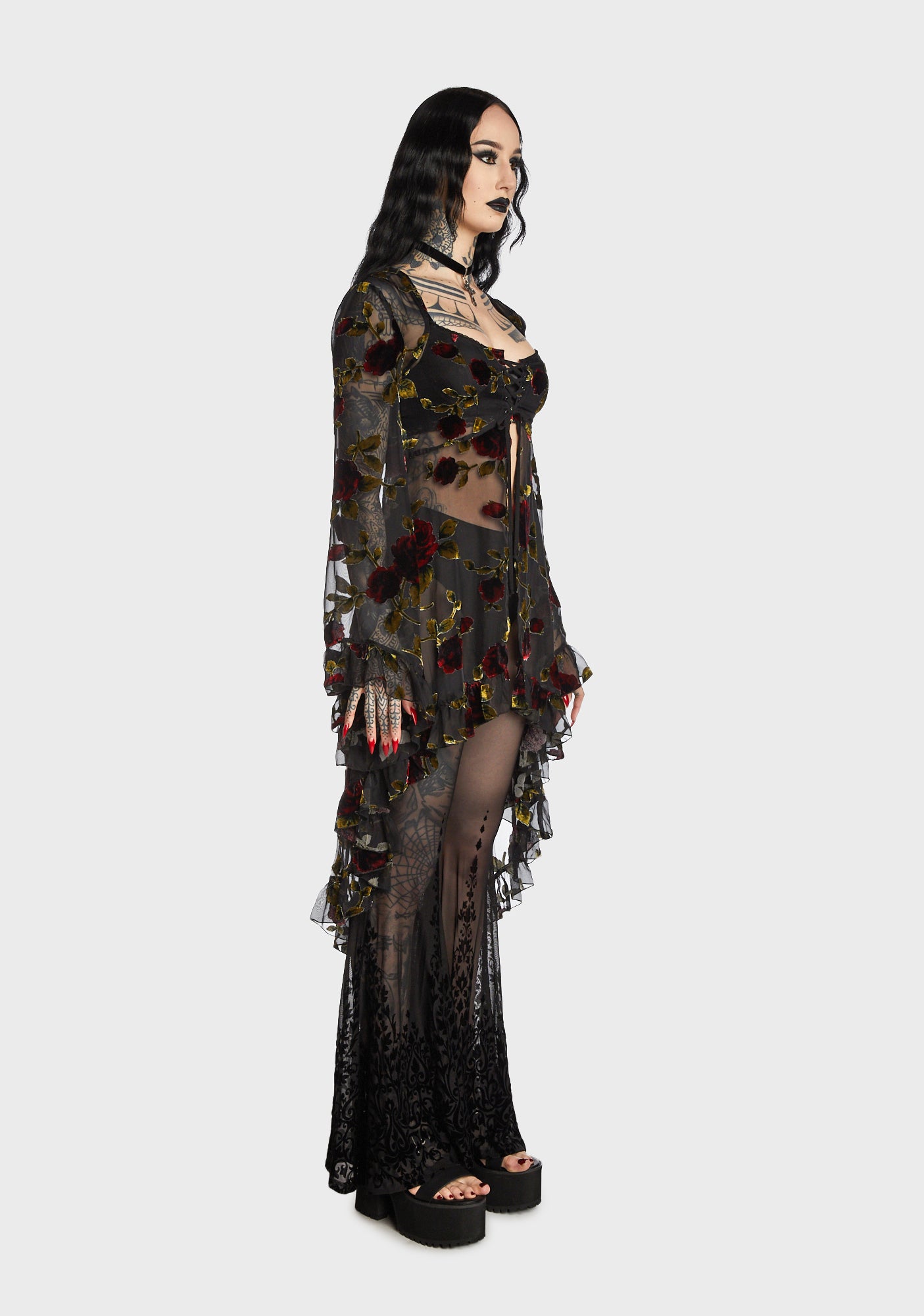knee length dresses for ladies Widow Sheer Floral Velvet Detail Mini Dress