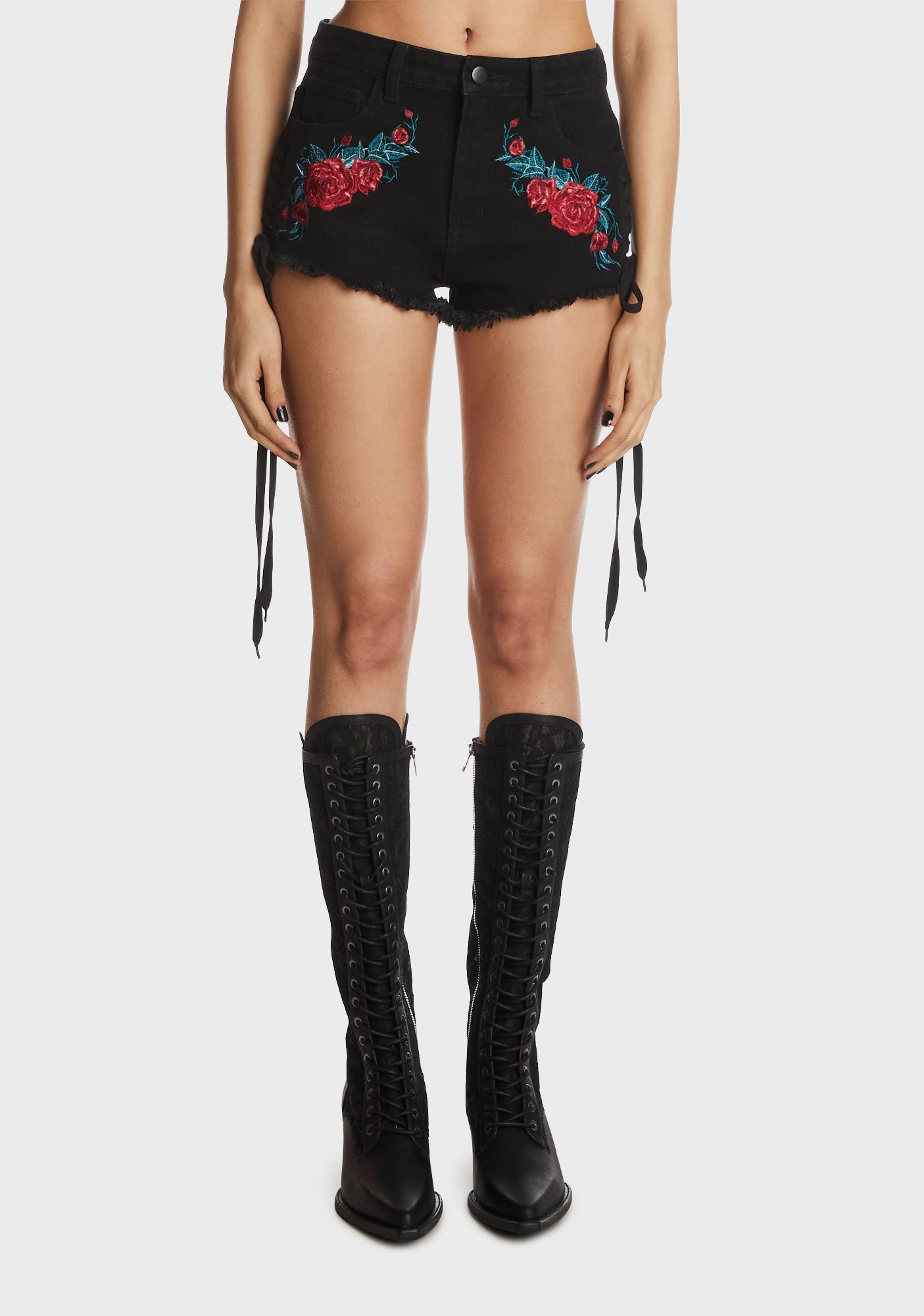Widow Denim Rose Embroidered Shorts Black Dolls Kill