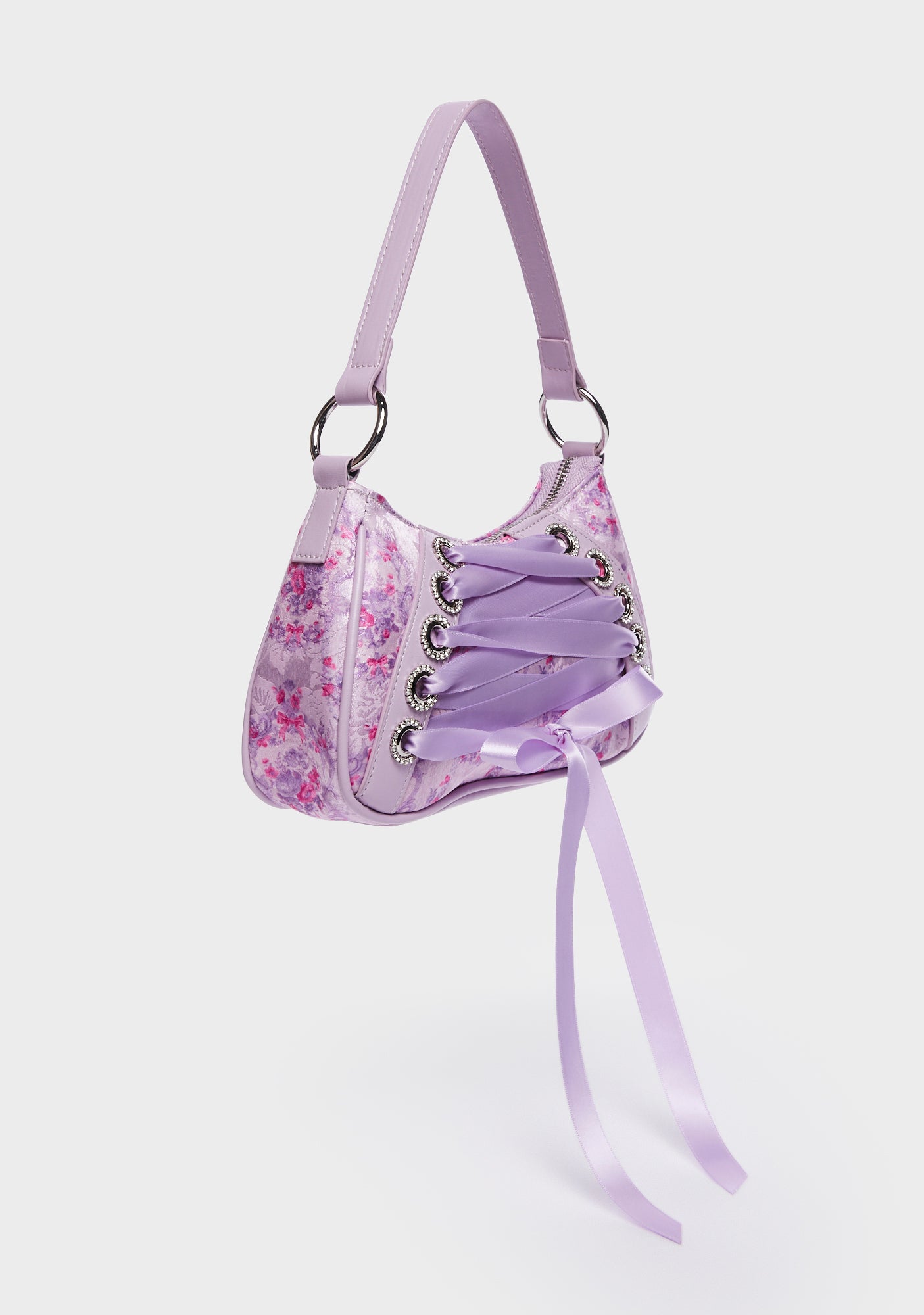 Sugar Thrillz Floral Print Lace Up Shoulder Bag Purple Dolls Kill