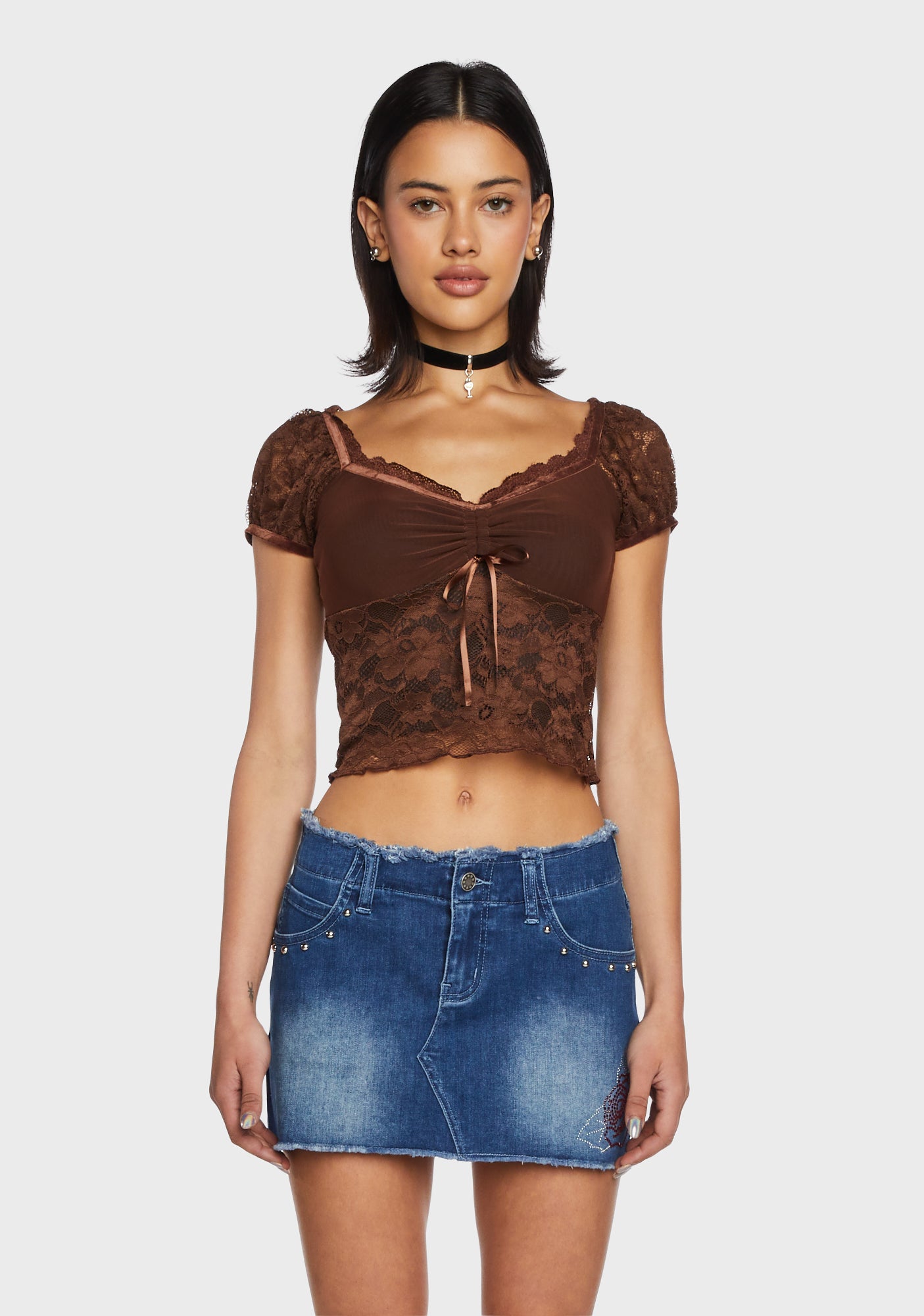 Delia's Lace Overlay Puff Sleeve Crop Top - Brown/Black