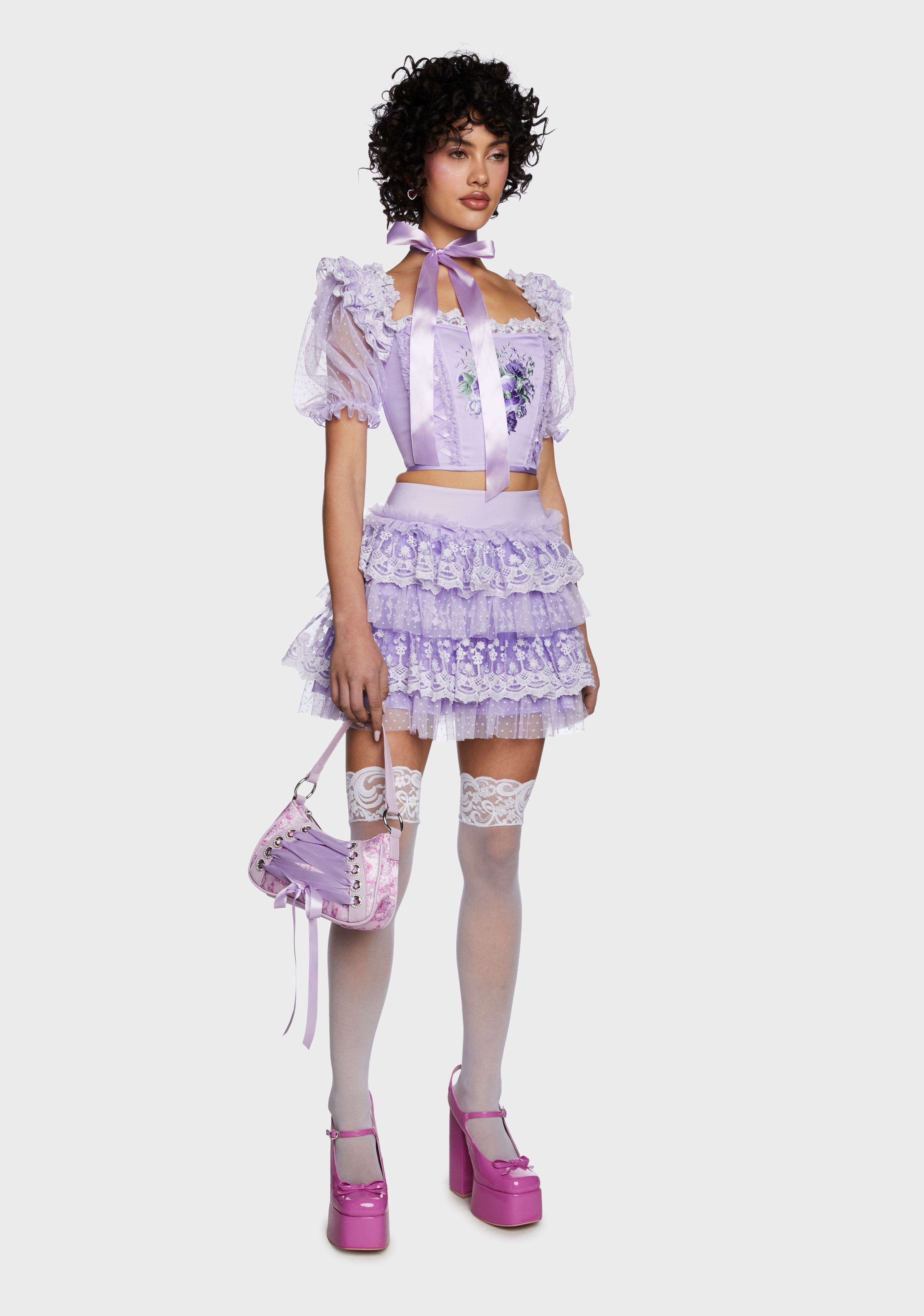Sugar Thrillz Embroidered Floral Bustier Crop Top - Purple – Dolls