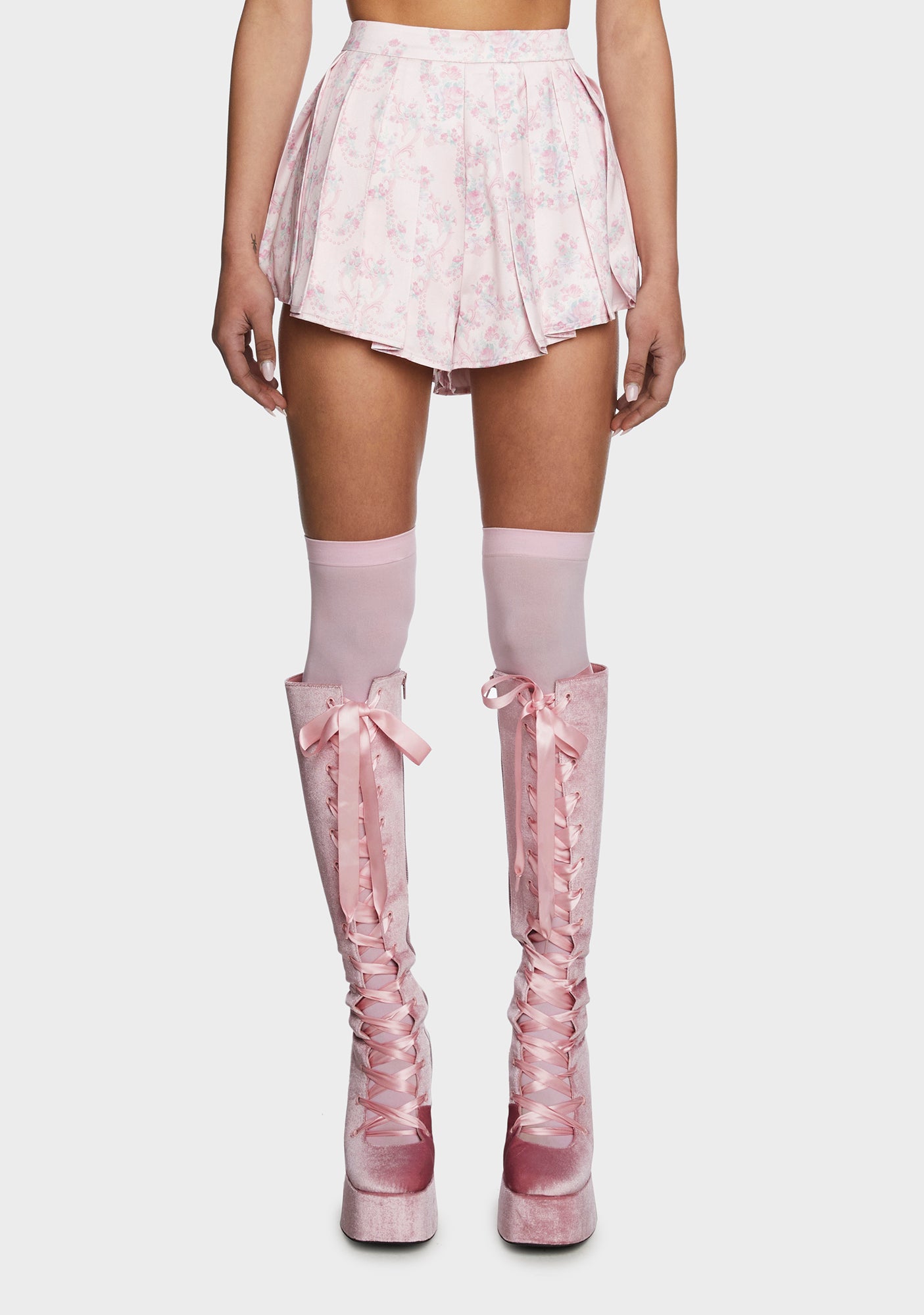 Sugar Thrillz Floral Print Satin Pleated Shorts Pink Dolls Kill