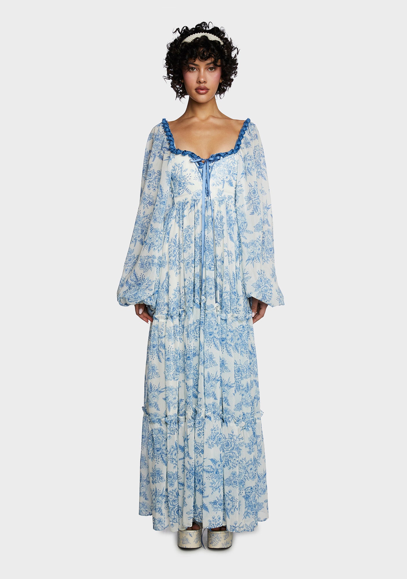 Sugar Thrillz Floral Print Chiffon Maxi Dress - White/Blue – Dolls Kill