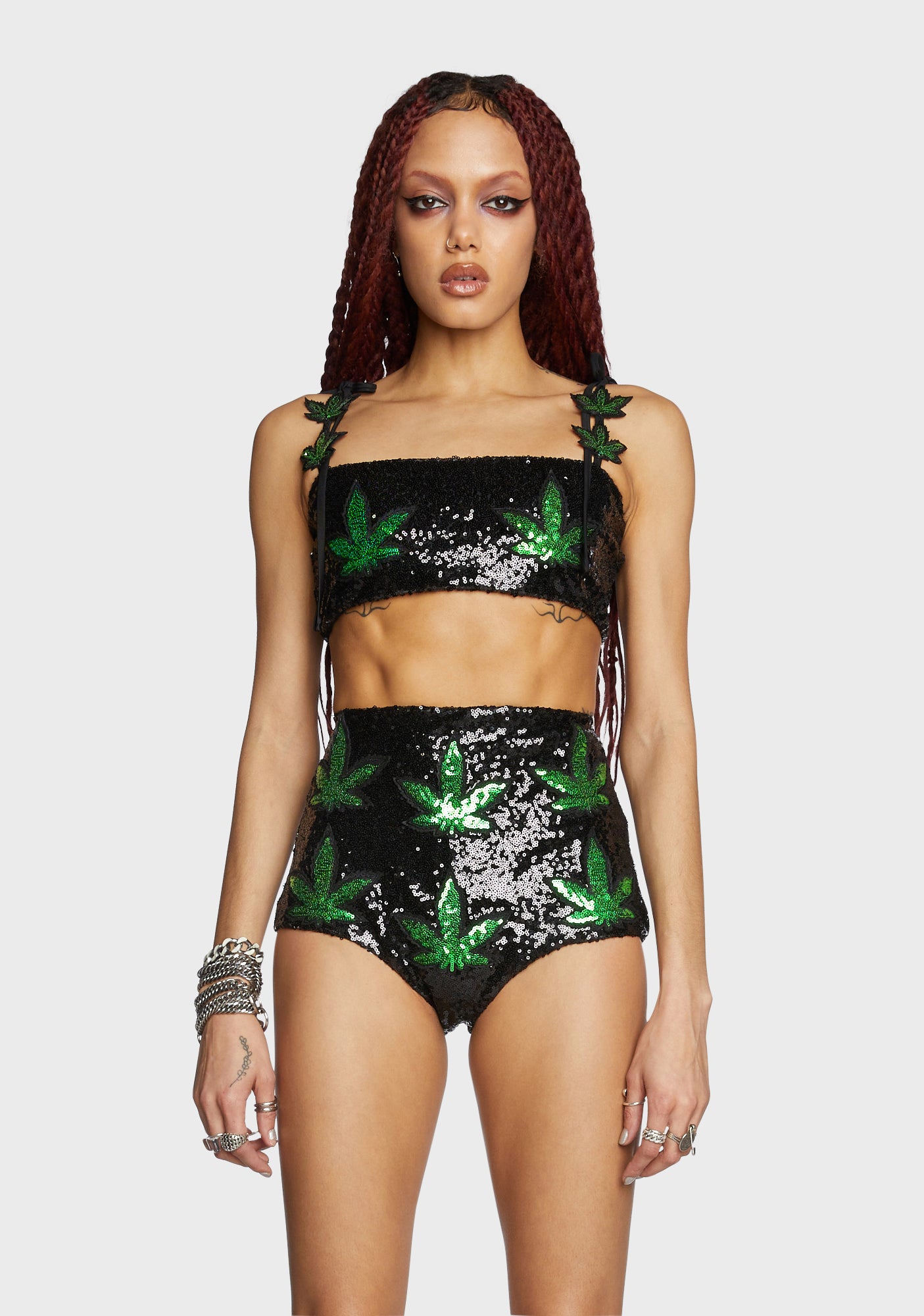 Club Exx Sequin Leaf Bralette Top - Black/Green – Dolls Kill