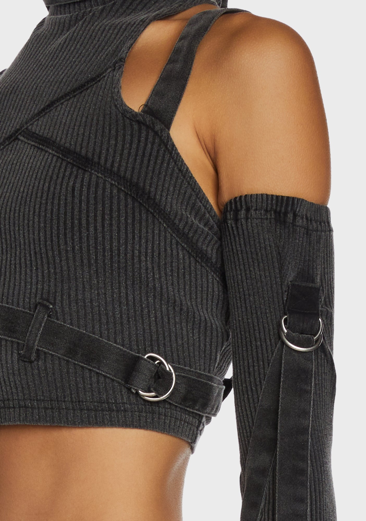 Darker Wavs Strappy Ribbed Knit Crop Tank Top - Dark Gray