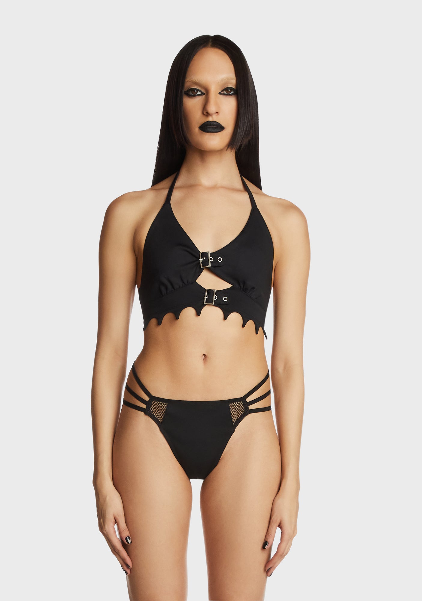 Forest Ink Halter Bikini Top With Drip Hem - Black – Dolls Kill