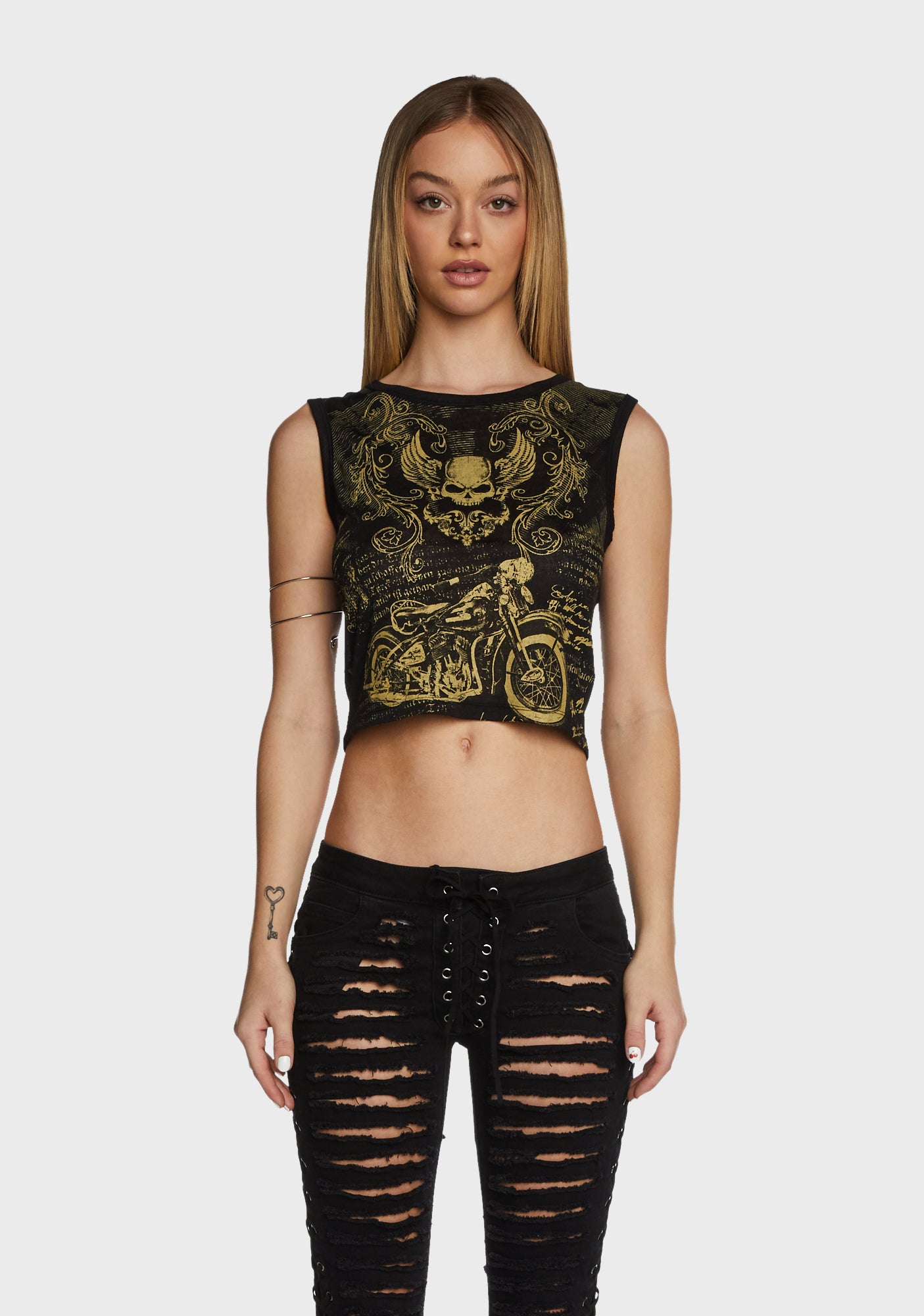 Current Mood Skull Motorcycle Graphic Crop Tank Top - Black/Gold ...