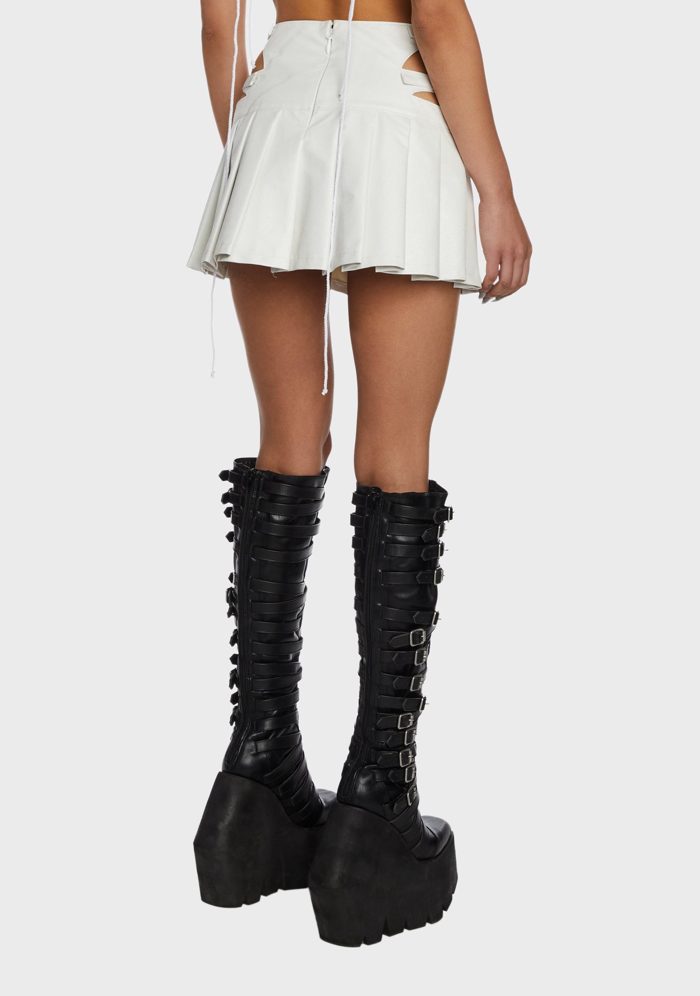 Darker Wavs Pleated Vegan Leather Cut Out Skirt White Dolls Kill