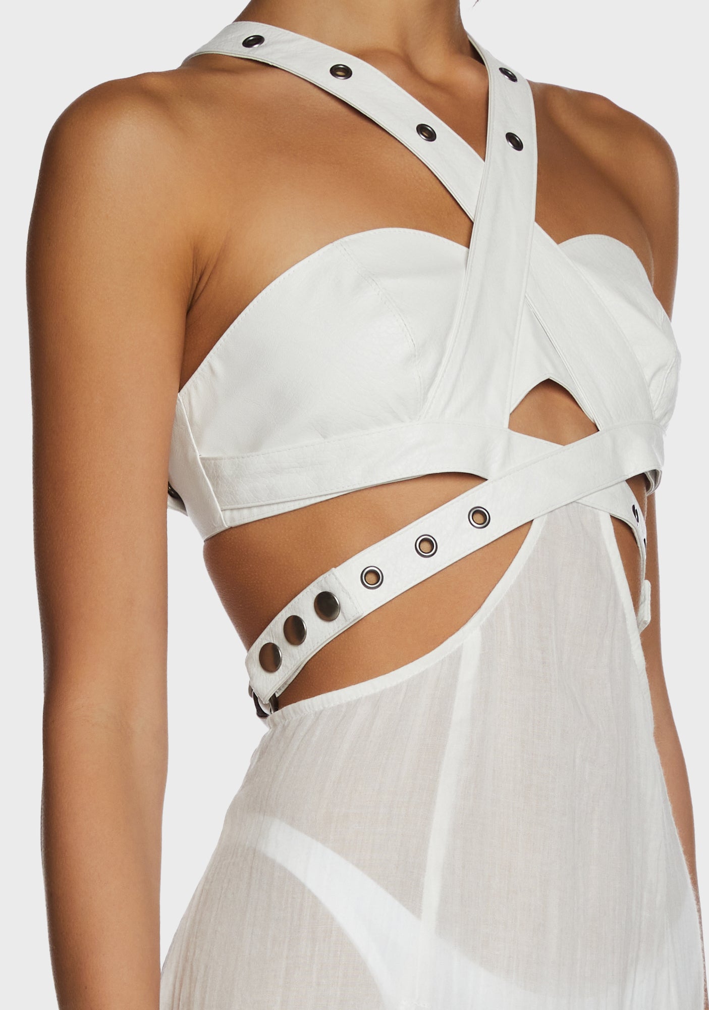Darker Wavs Vegan Leather Gauze Slit Corset Midi Dress - White  Dolls Kill