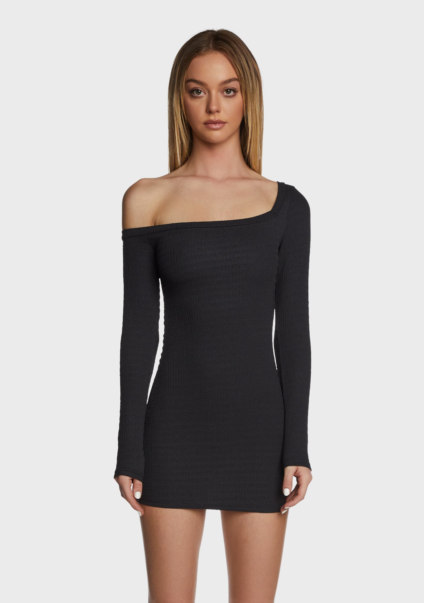 Motel One Shoulder Long Sleeve Mini Dress - Black – Dolls Kill
