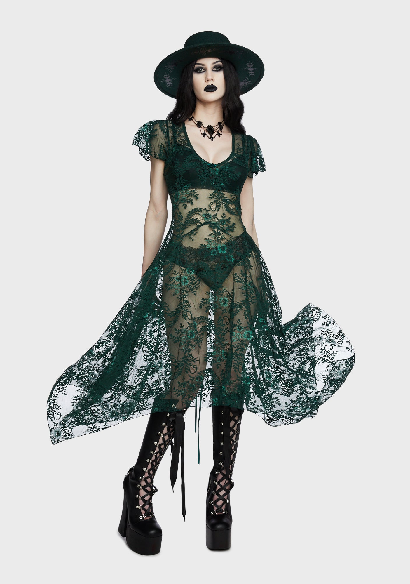 Widow Handkerchief Hem Lace Midi Dress