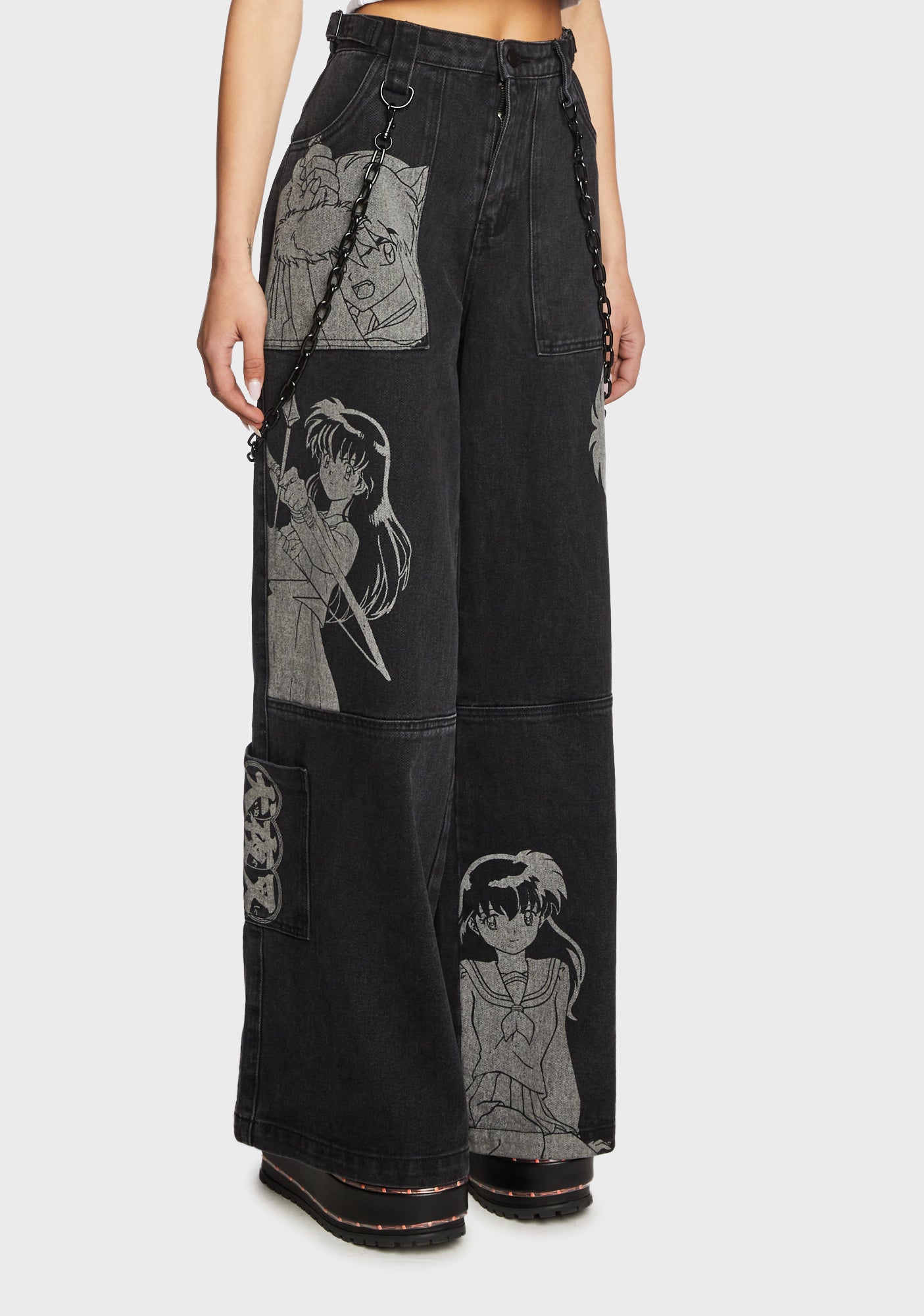 Dolls Kill x Inuyasha Wide Leg Graphic Twill Pants Black