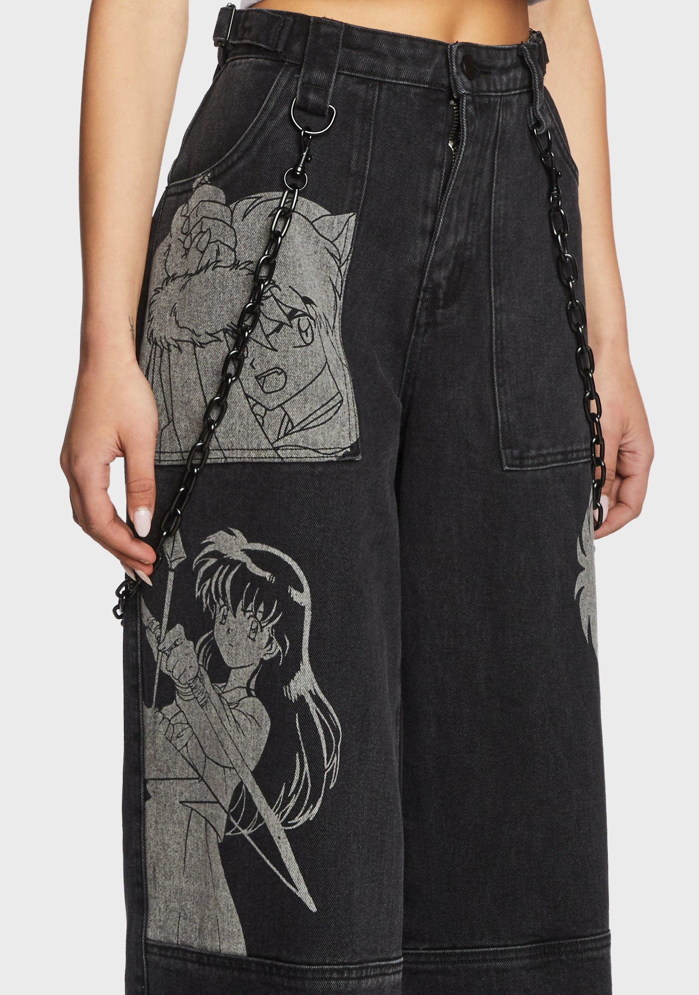 Dolls Kill x Inuyasha Wide Leg Graphic Twill Pants Black
