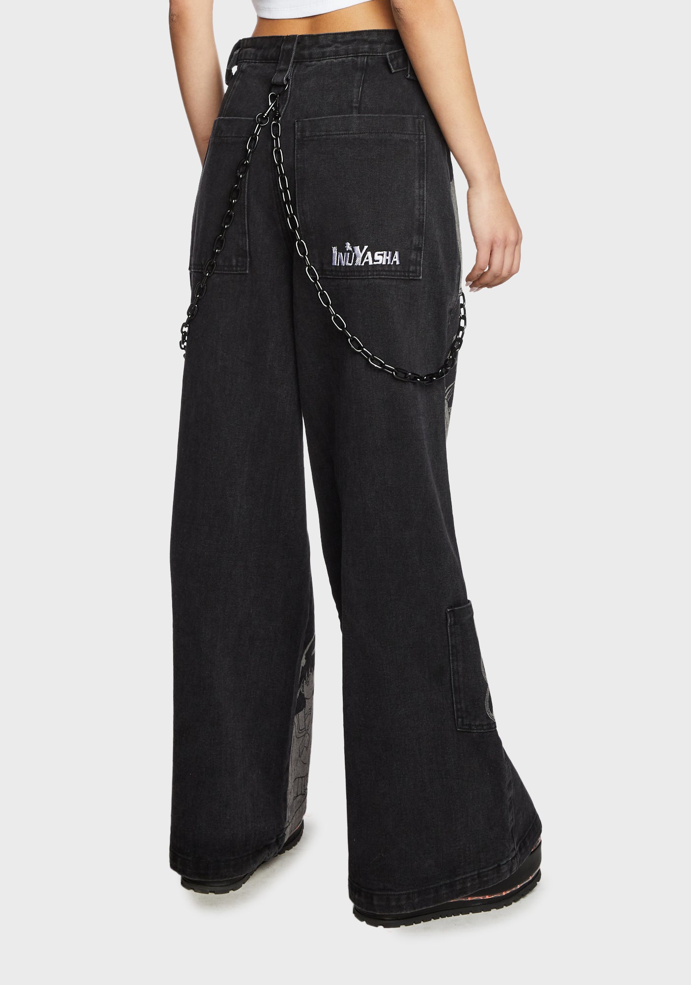 Dolls Kill x Inuyasha Wide Leg Graphic Twill Pants - Black