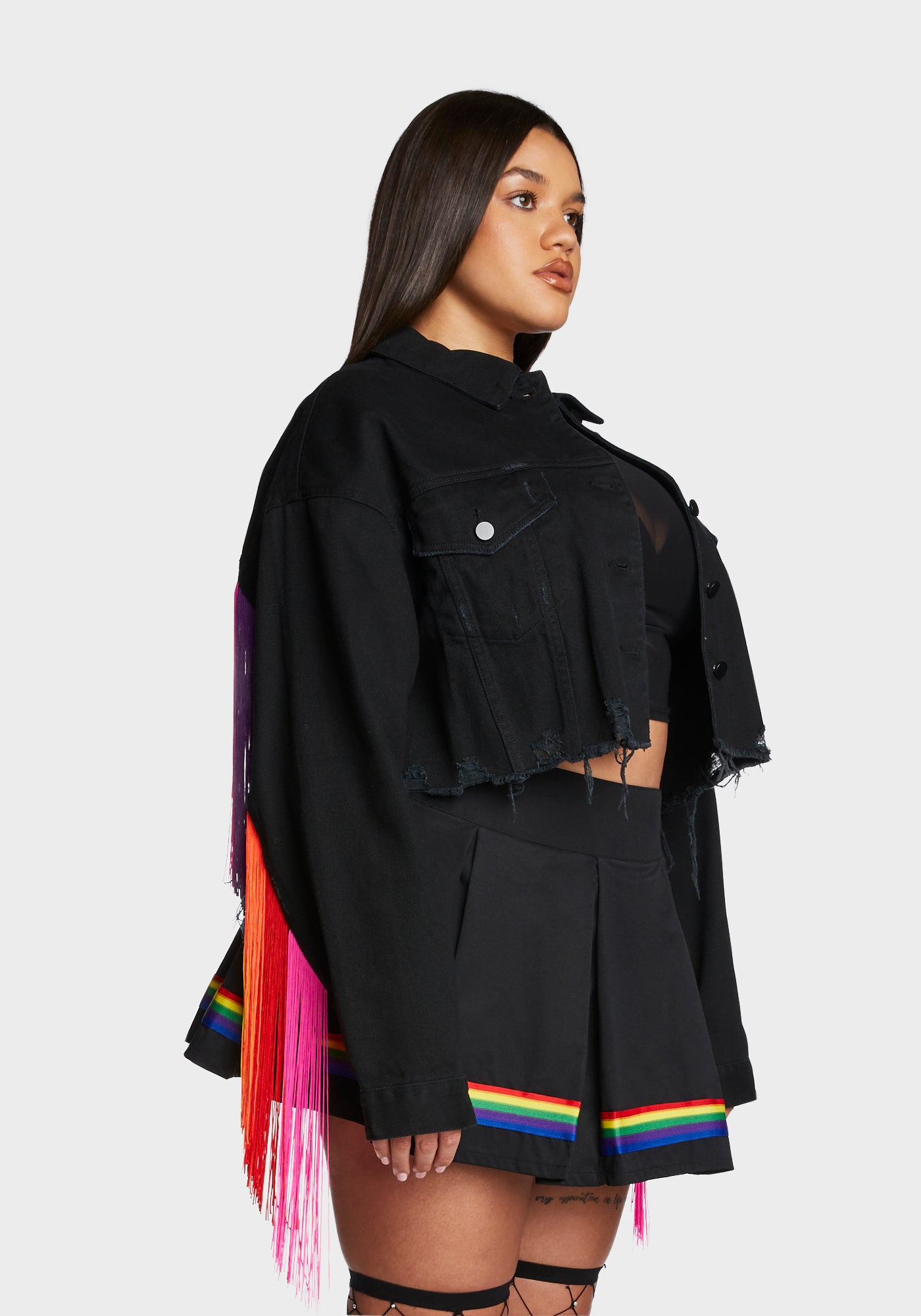 Club Exx Plus Size Rainbow Fringe Denim Jacket Black Dolls Kill
