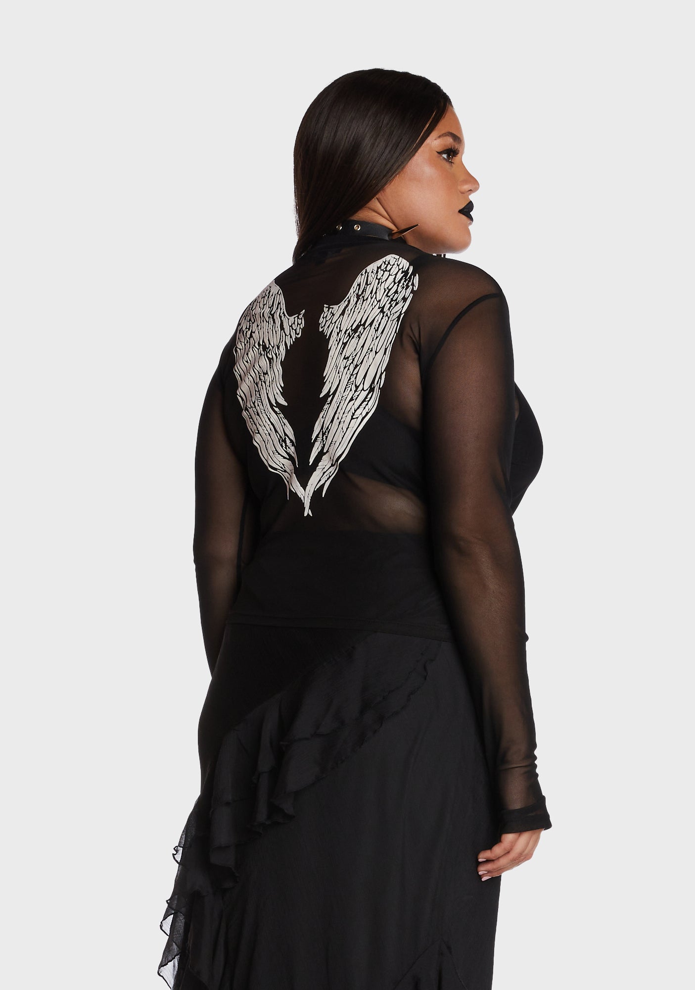 Widow Angel Wing Mesh Long Sleeve Top - Black  Dolls Kill