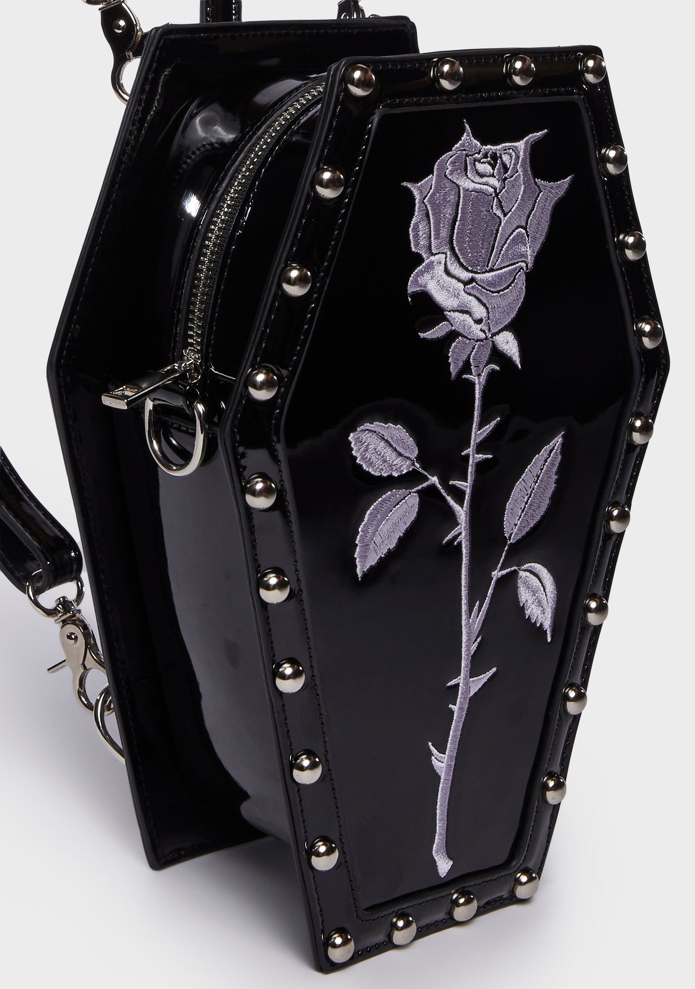Widow Studded Rose Coffin Backpack - Black Patent – Dolls Kill display picture 2