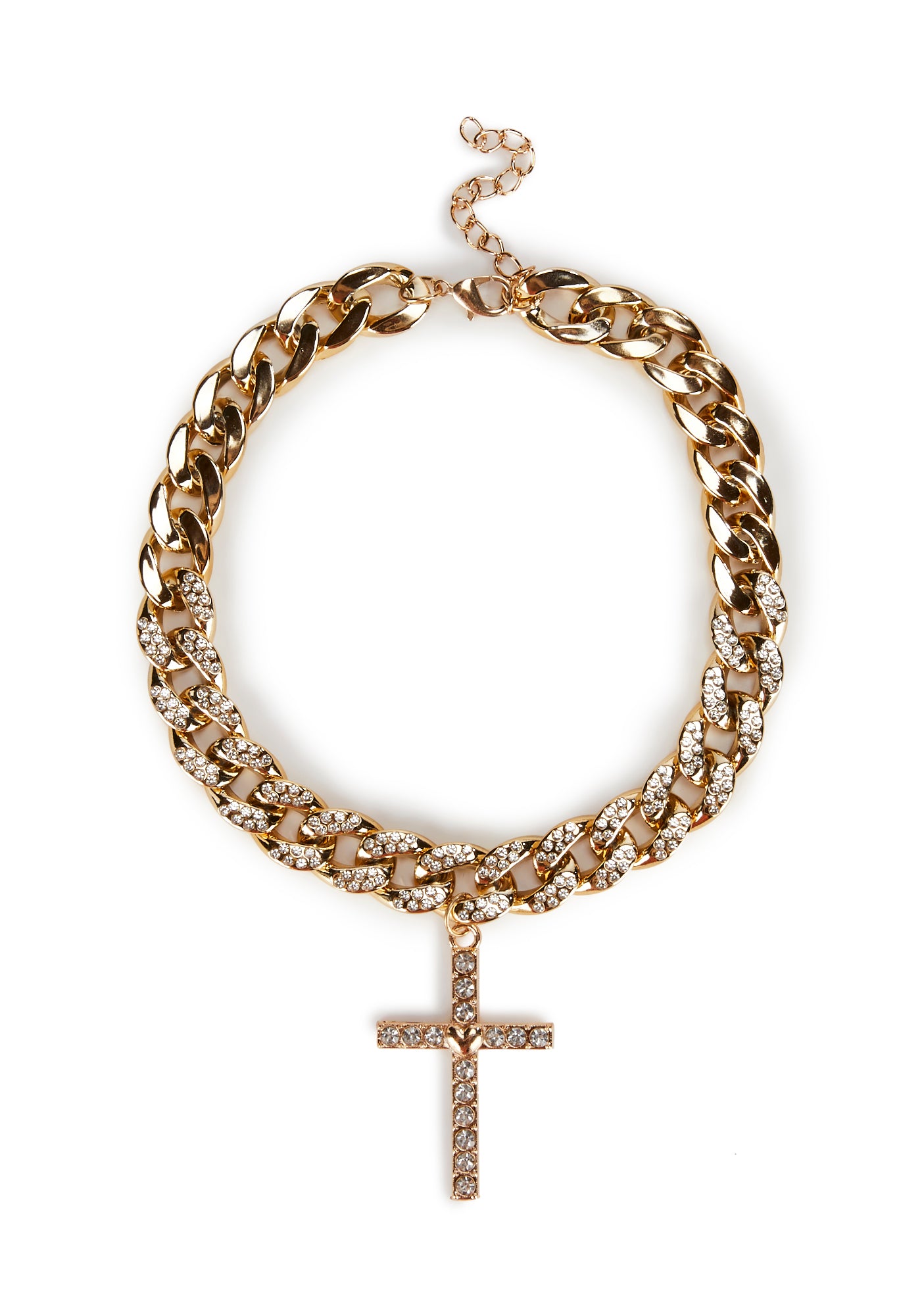 Rhinestone Cross Chain Choker Necklace Gold Dolls Kill