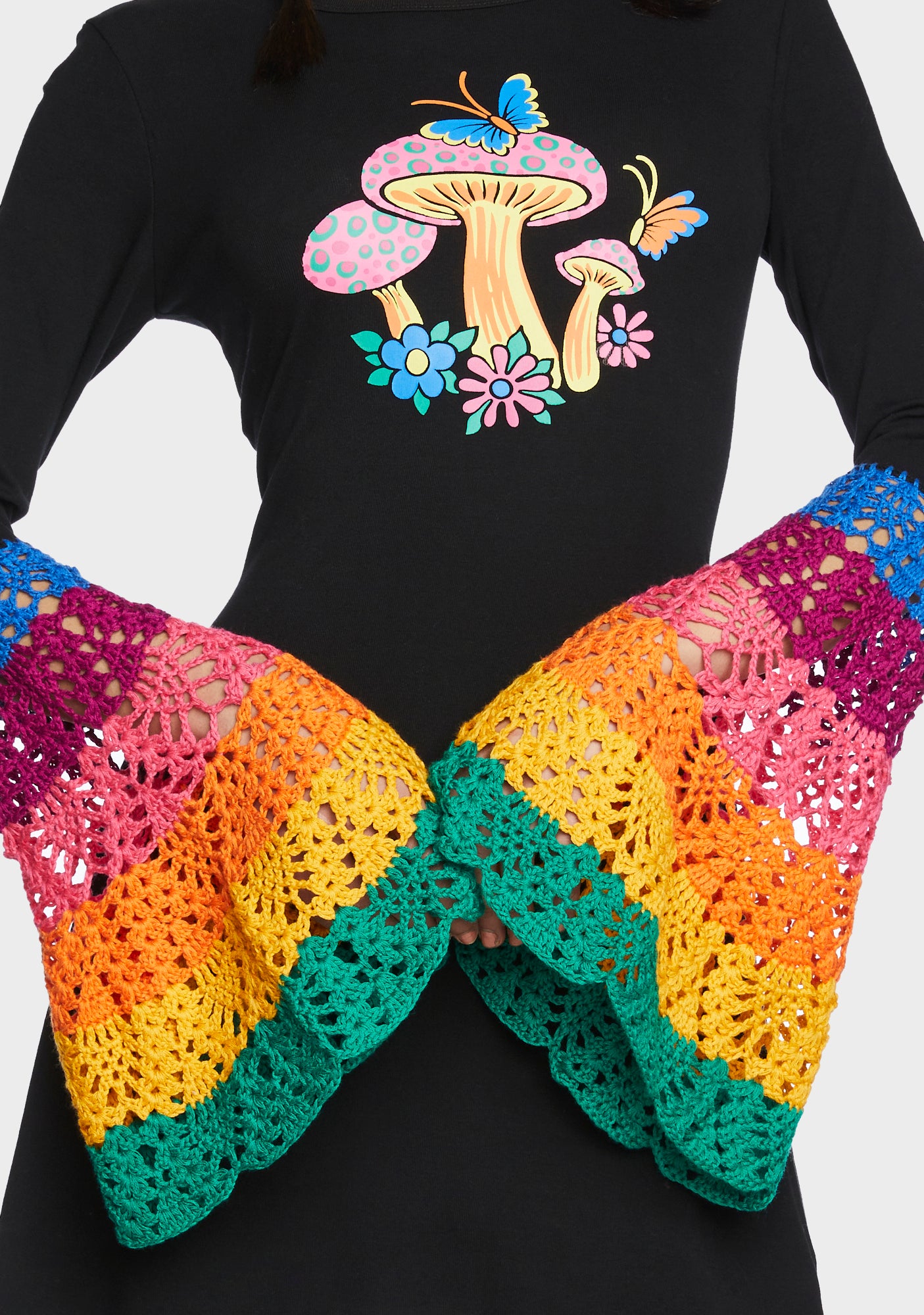 rainbow crochet dress long sleeve Current Mood Rainbow Crochet Bell Sleeve Dress