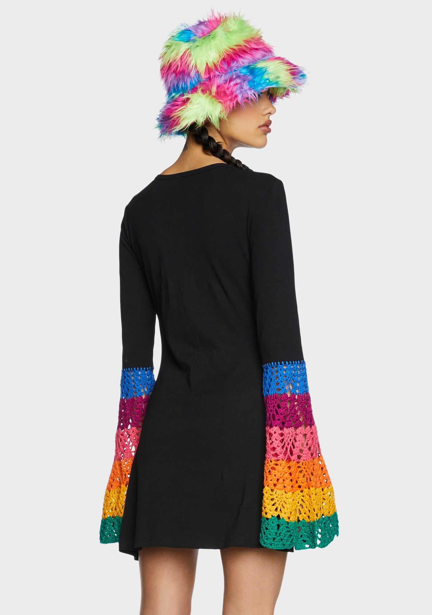 Current Mood Rainbow Crochet Bell Sleeve Dress - Black