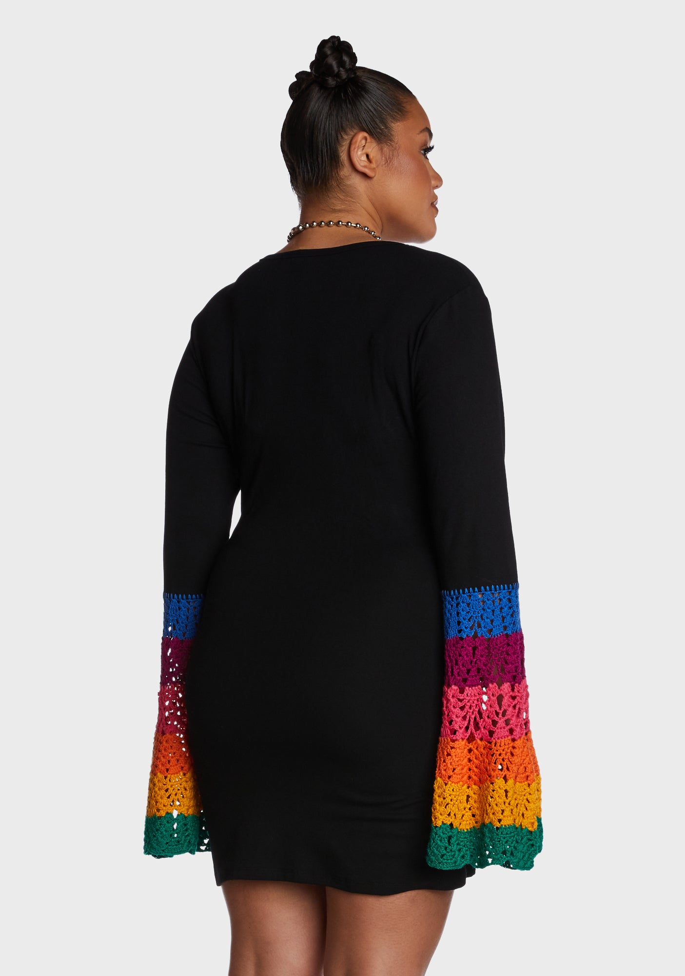 rainbow crochet dress long sleeve Ripple Crochet Dress Rainbow Bell Sleeve Color Block Cotton Mini 60s the  Fool Medieval Revival Fairy Hippie Boho Lolita Festival Knitwear
