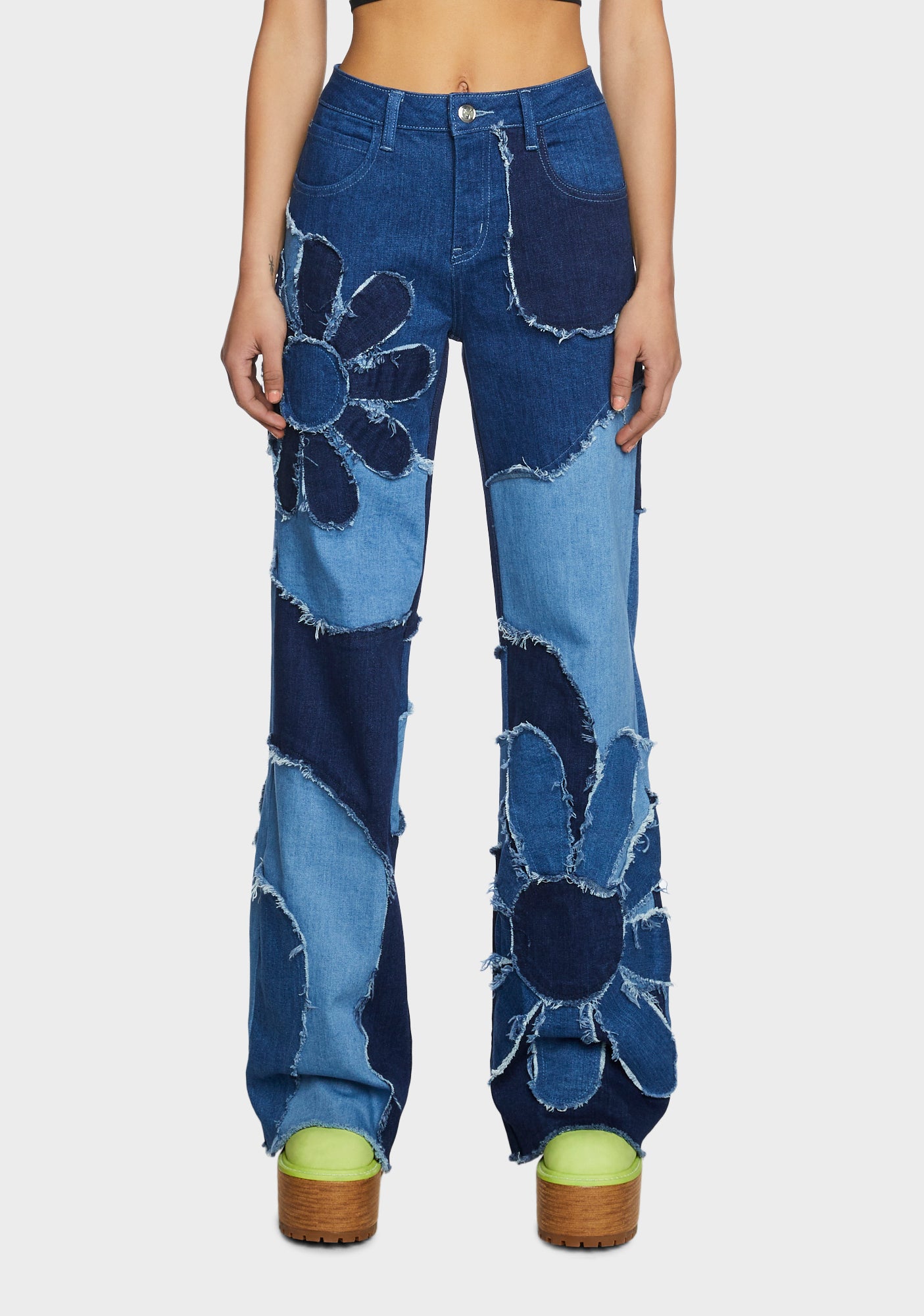 Current Mood Flower Applique Distressed Patchwork Jeans - Blue – Dolls Kill