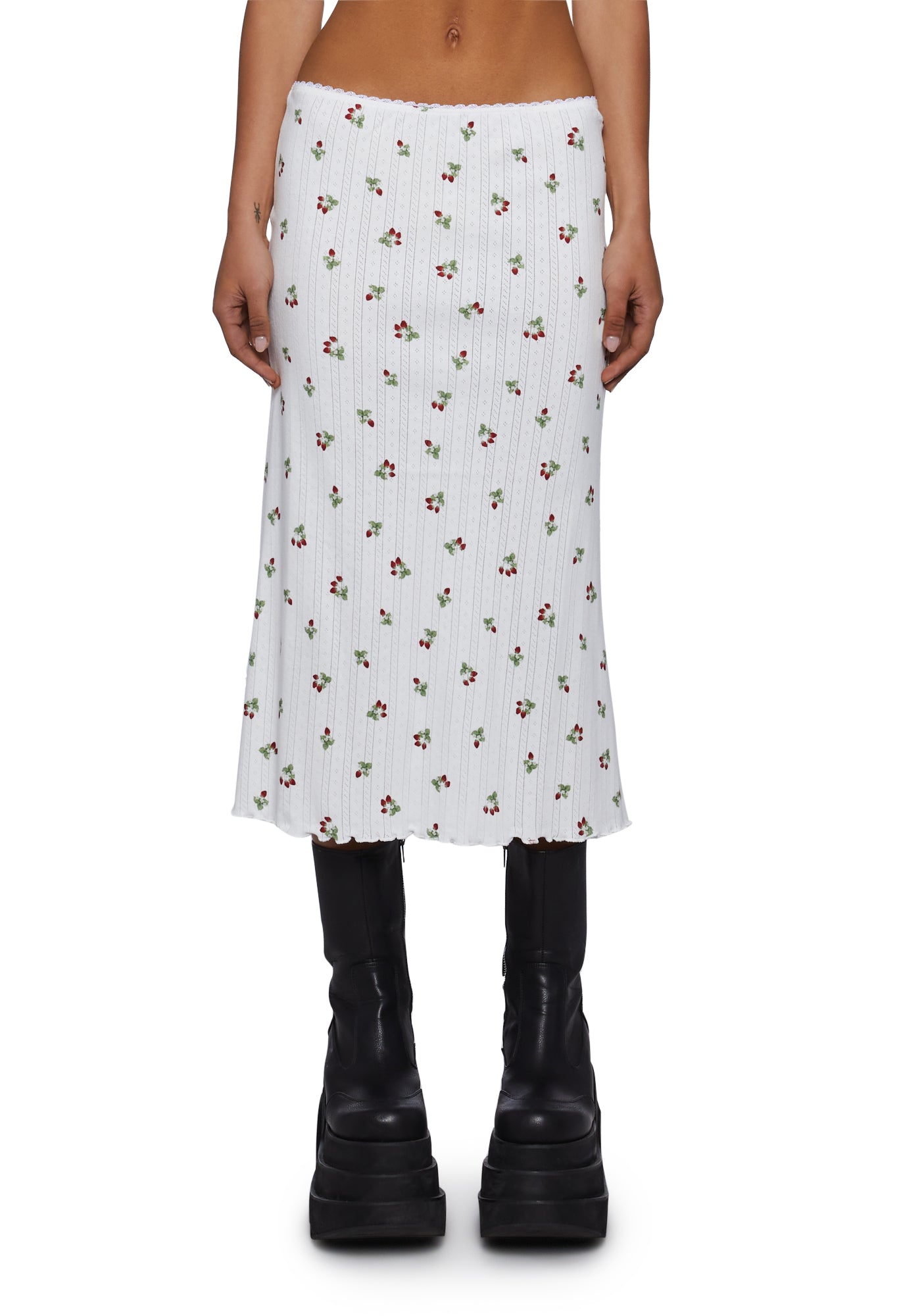 NGOrder Strawberry Print Pointelle Knit Midi Skirt - White