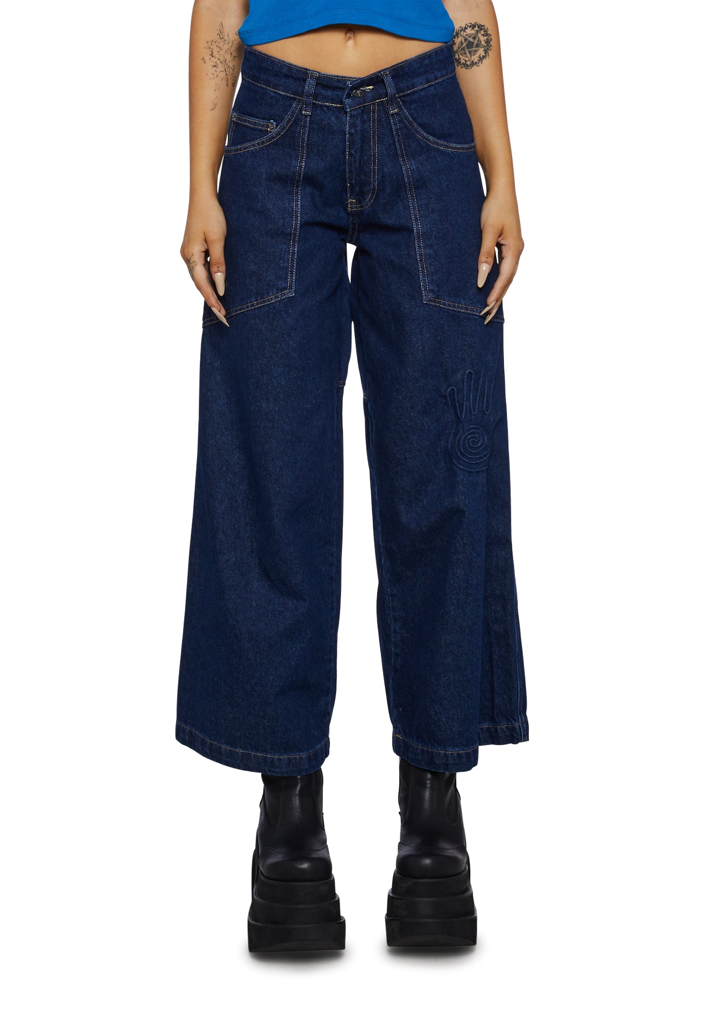 Basic Pleasure Mode Denim Contrast Colored Stitched Jeans - Blue ...