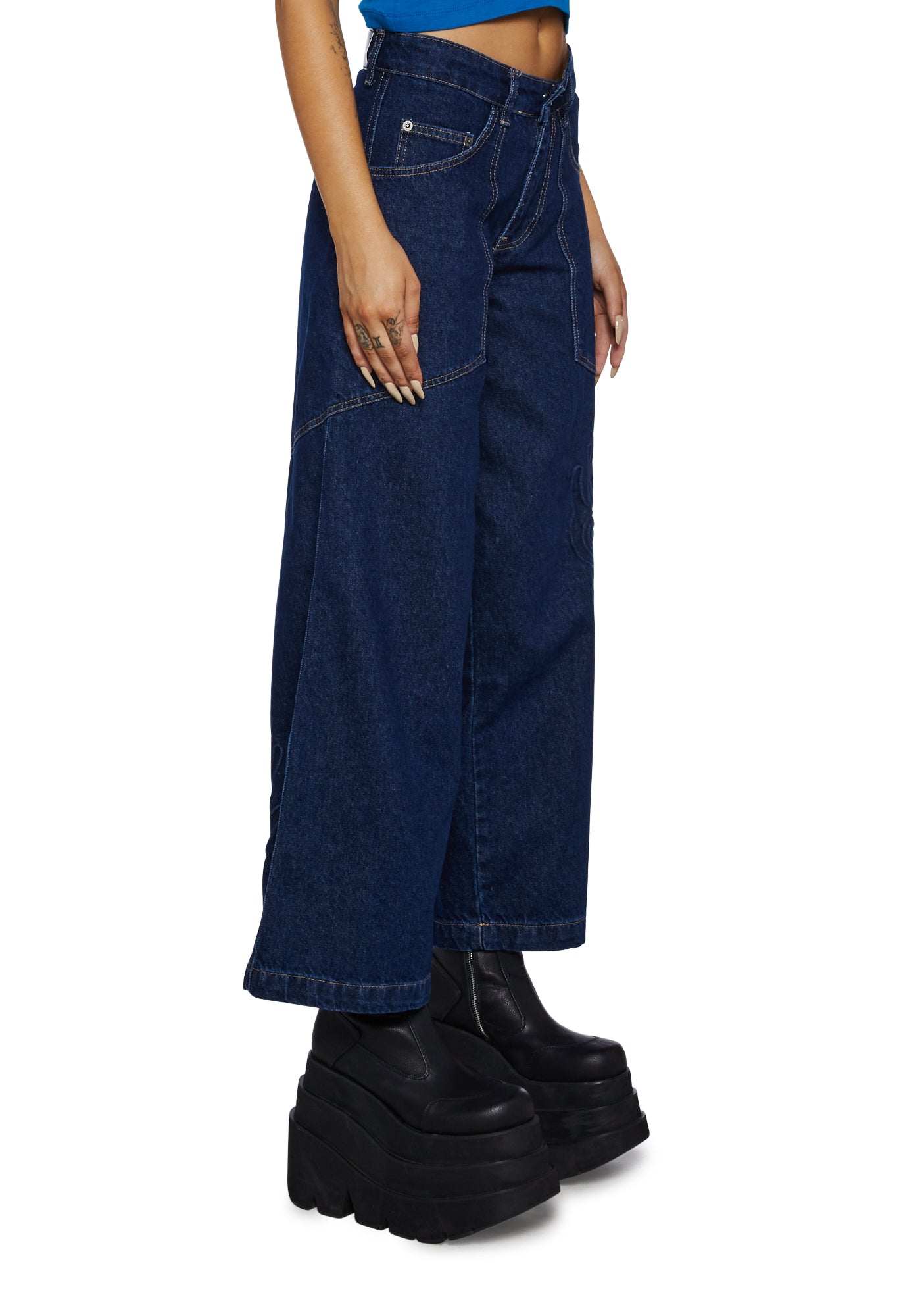 【COSYHARU】Kill point black blue denim Basic Pleasure Mode Denim Contrast Colored Stitched Jeans