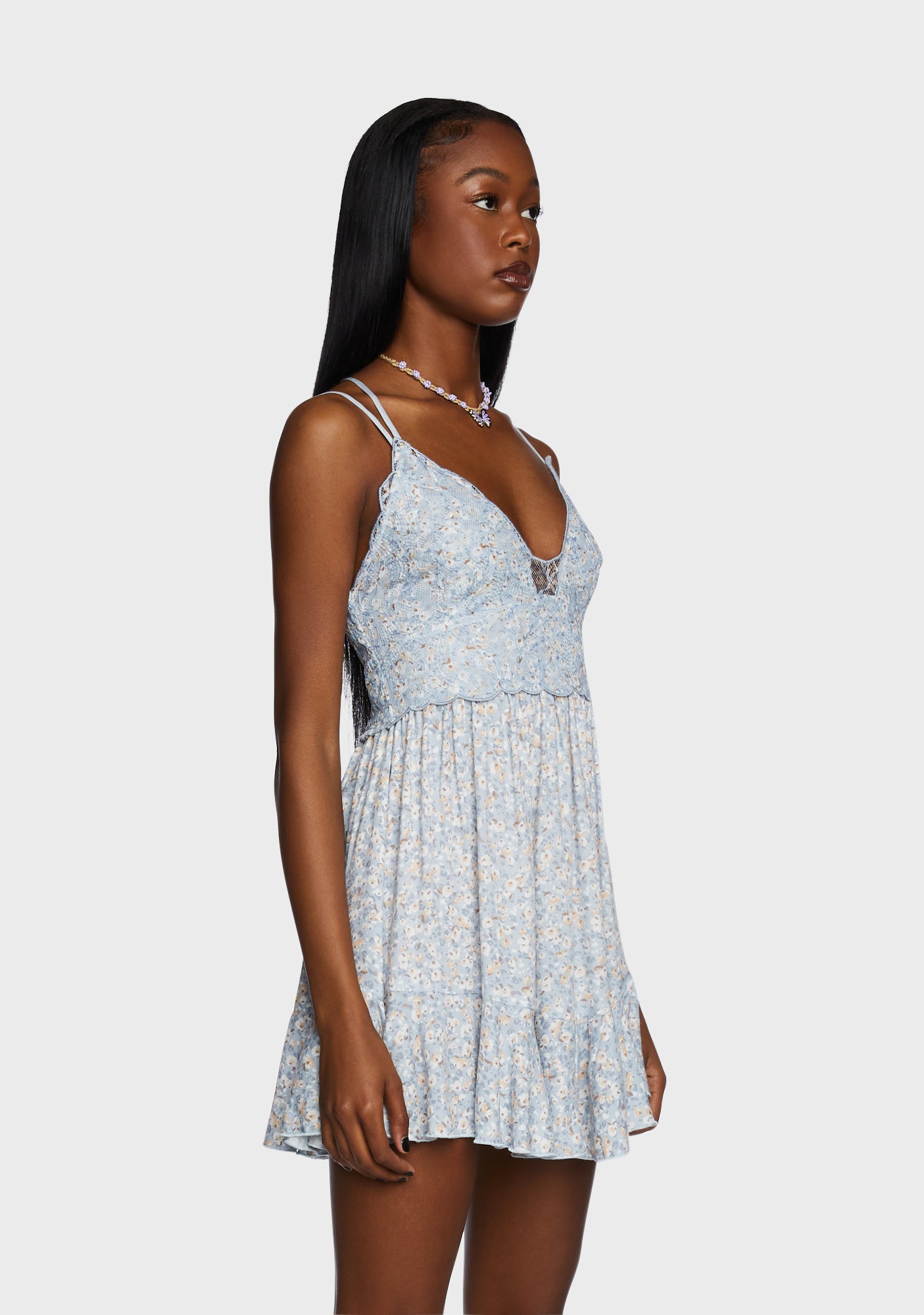 Floral Print Lace Overlay Mini Dress - Blue  Dolls Kill