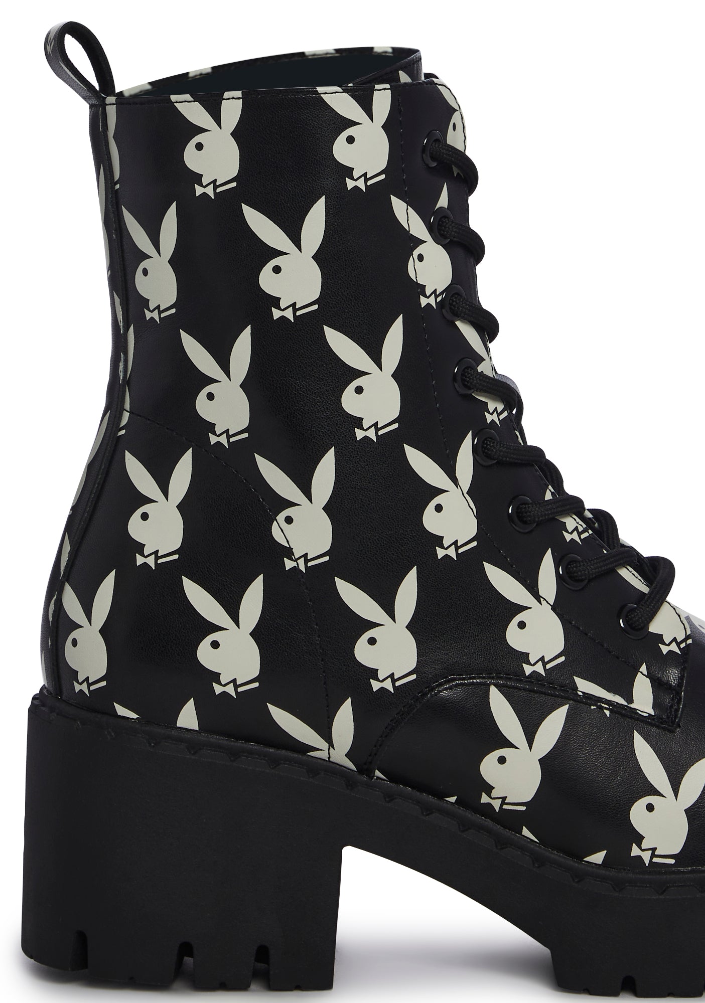 Koi Footwear Playboy Bunny Print Combat Boots Black – Dolls Kill