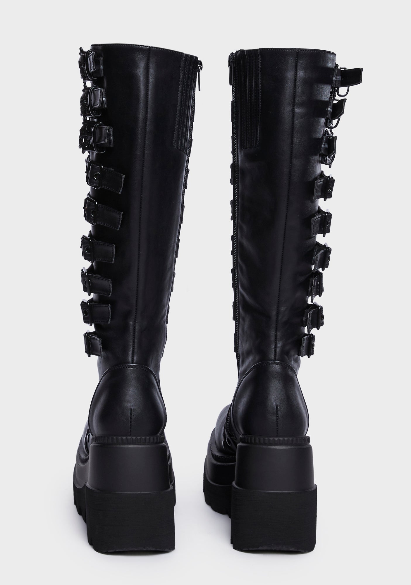 Demonia Knee High Skull Buckled Platform Wedge Boots Black