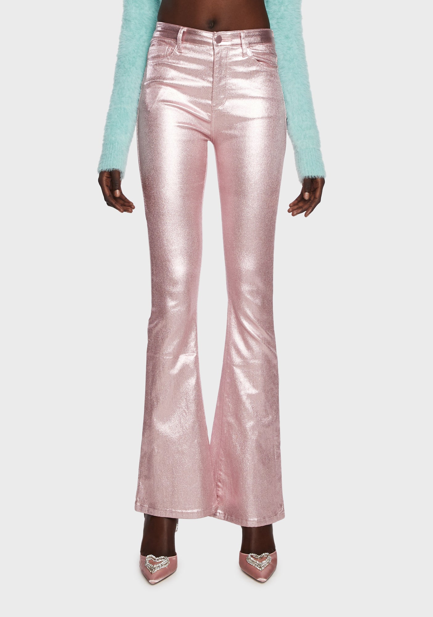 Edikted Metallic Flared Jeans - Pink – Dolls Kill