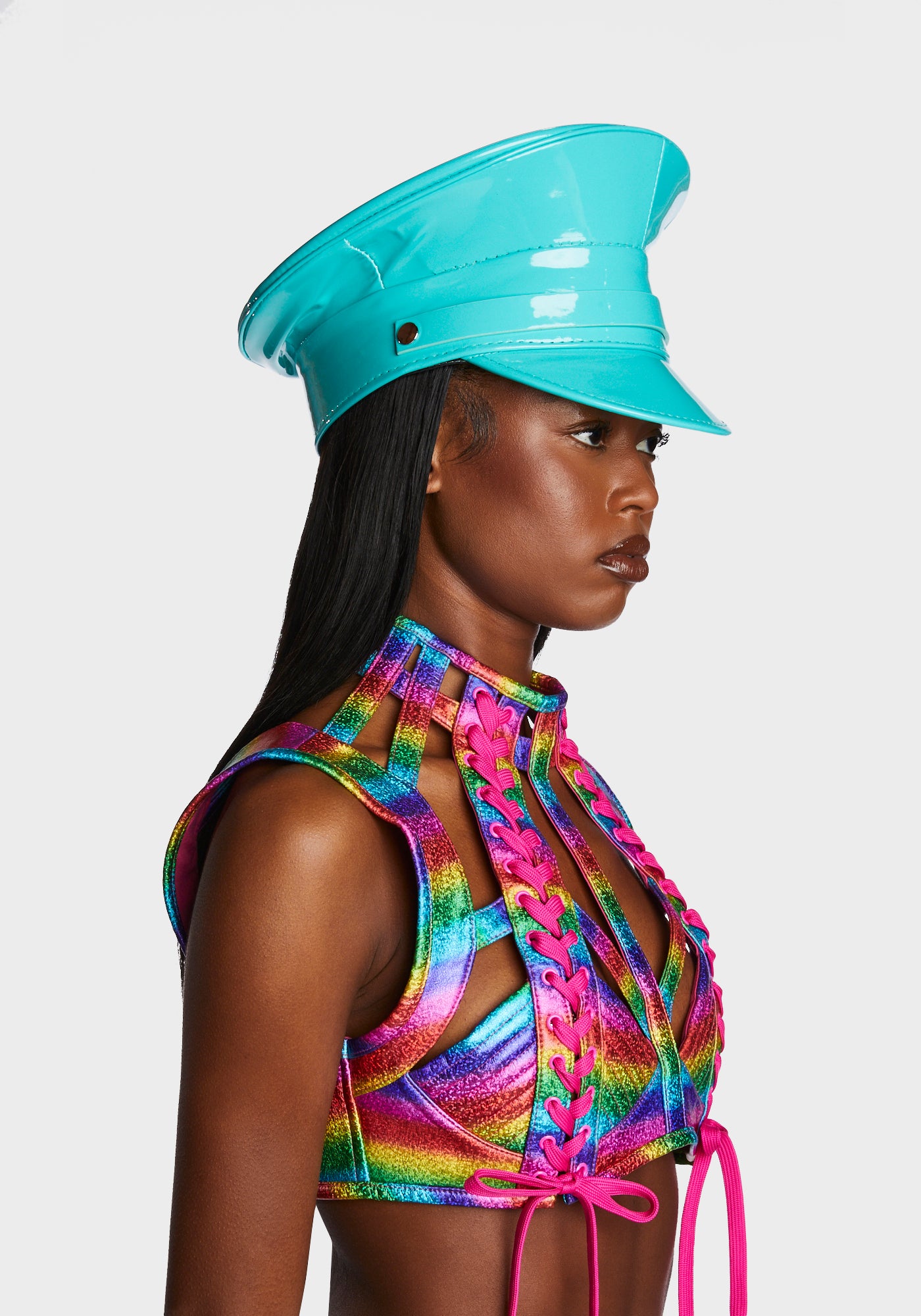 Funk Plus Patent Vegan Leather Captain Hat - Neon Turquoise