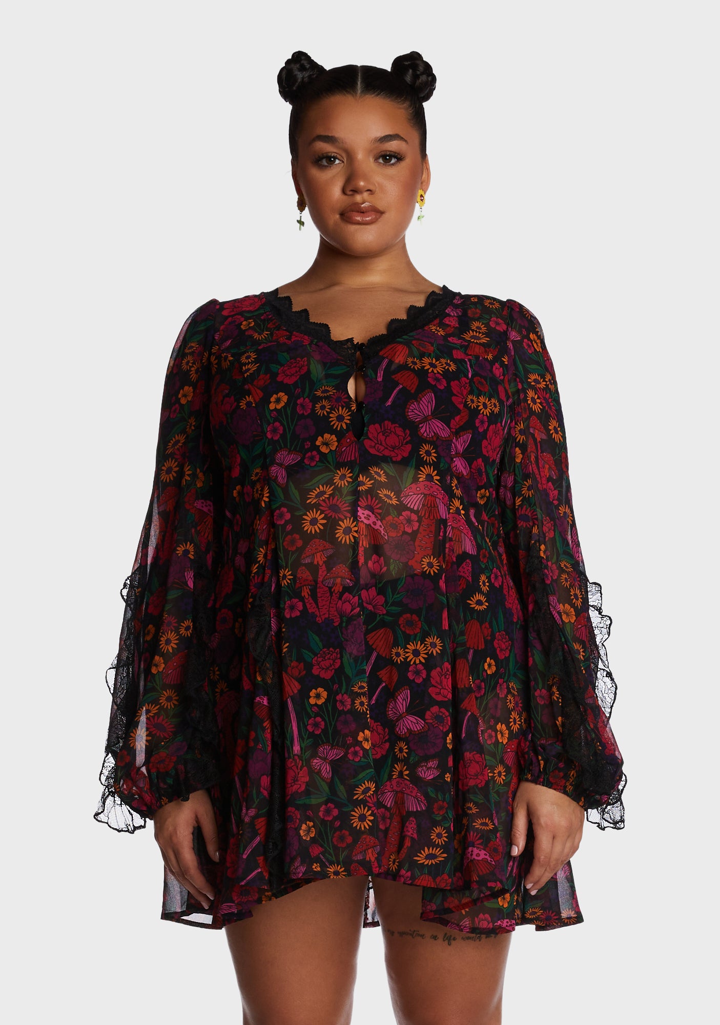 Current Mood Plus Size Floral Mushroom Chiffon Sheer Mini Dress
