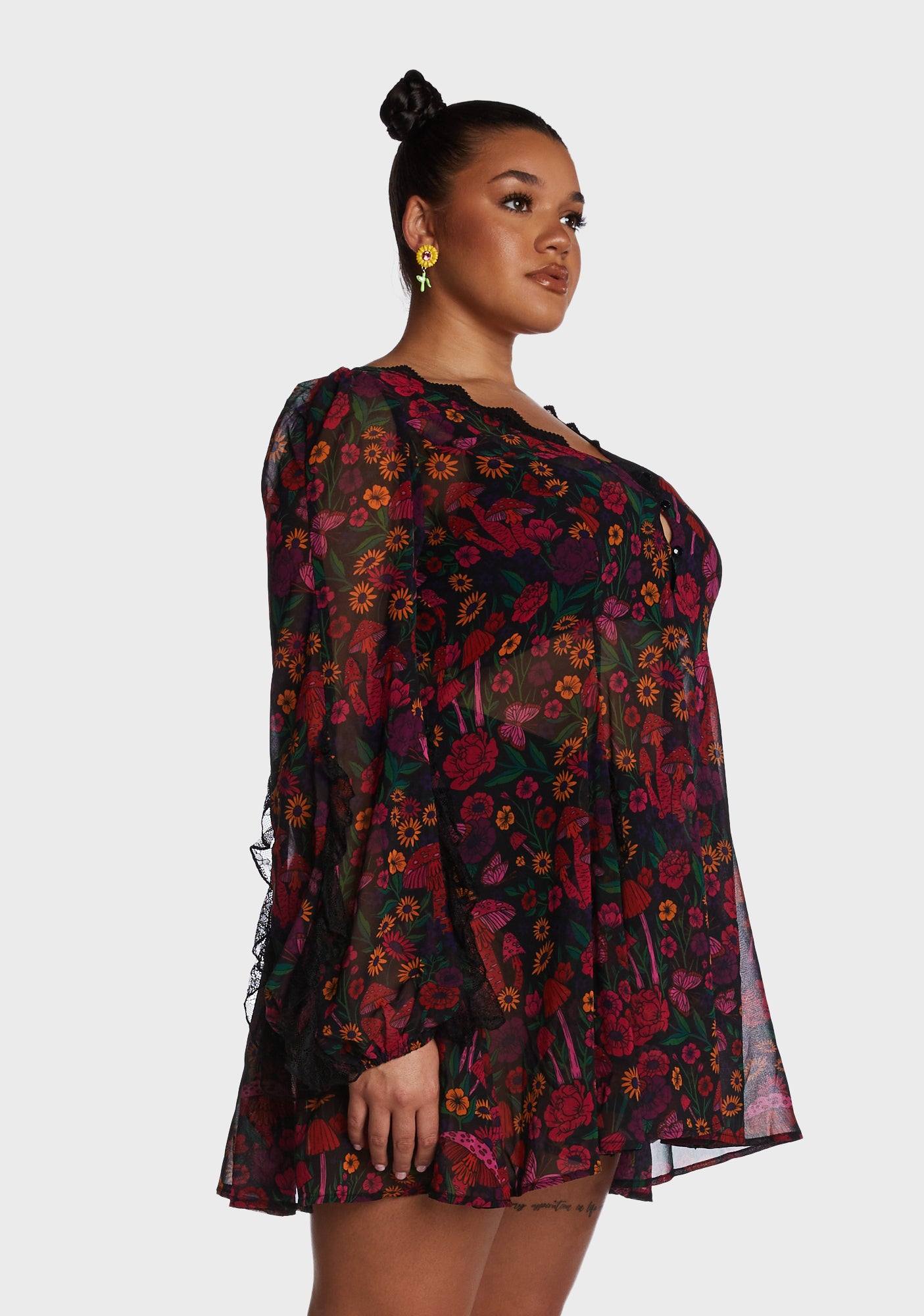 Current Mood Plus Size Floral Mushroom Chiffon Sheer Mini Dress