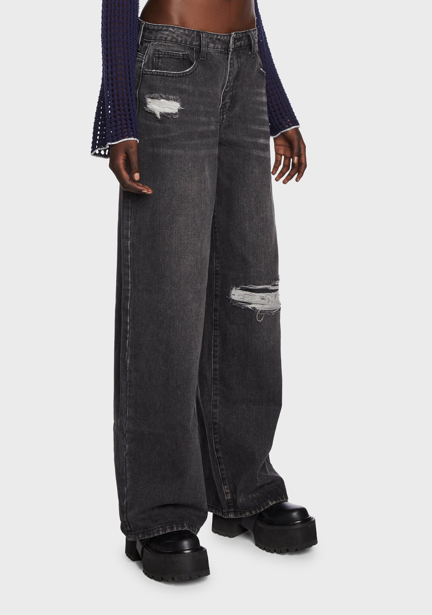 Momokrom Wide Leg Ripped Baggy Jeans Black Dolls Kill