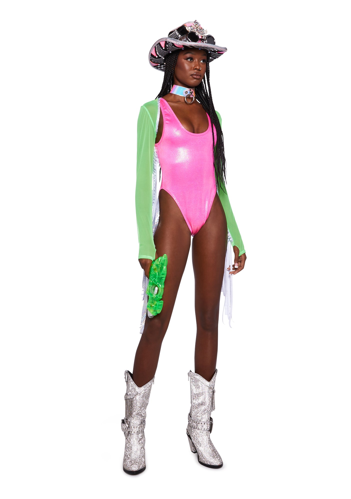 J Valentine Holographic Glitter Vinyl Bodysuit Hot Pink Dolls Kill