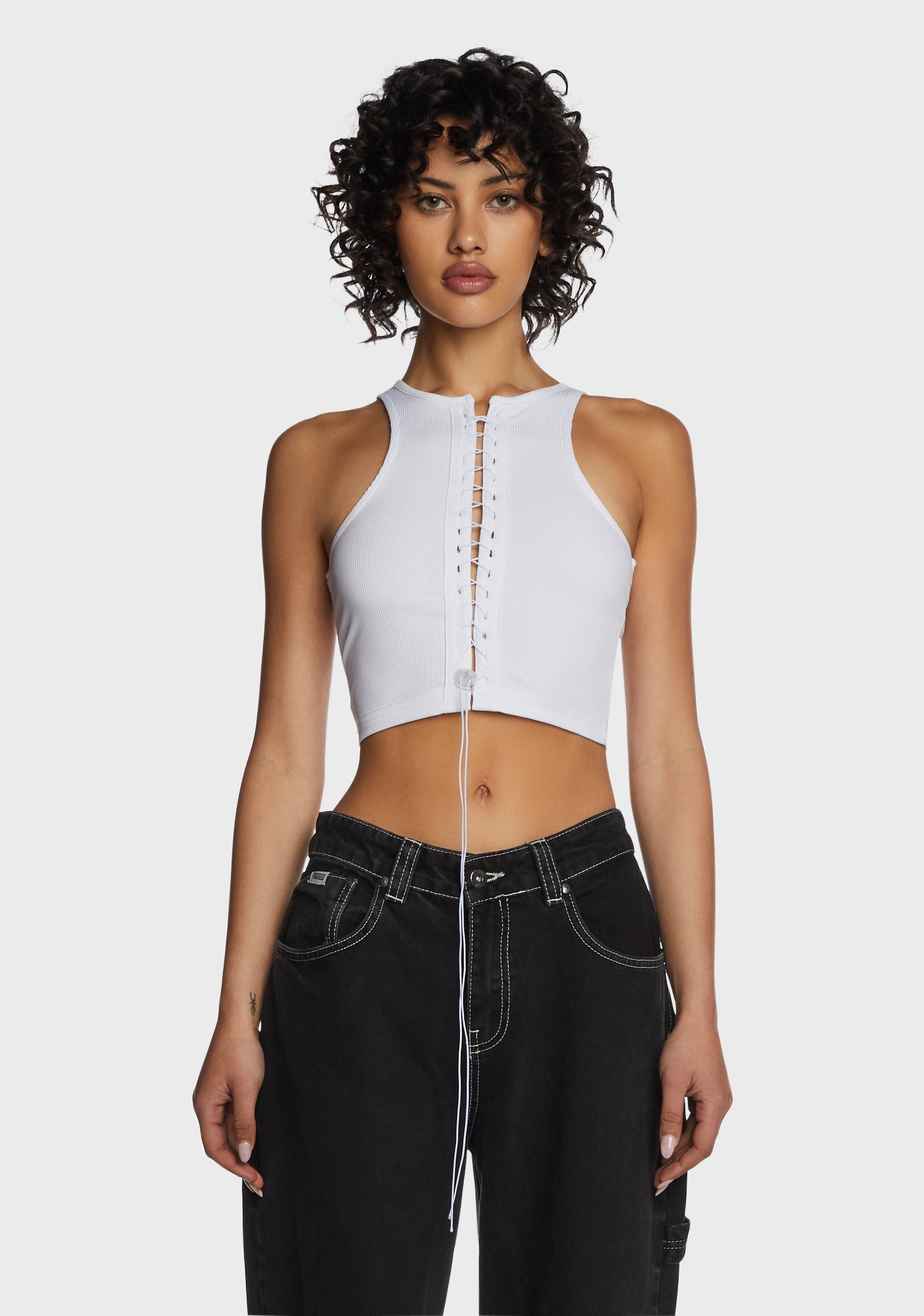 White Distressed Lace-Up Crop Top