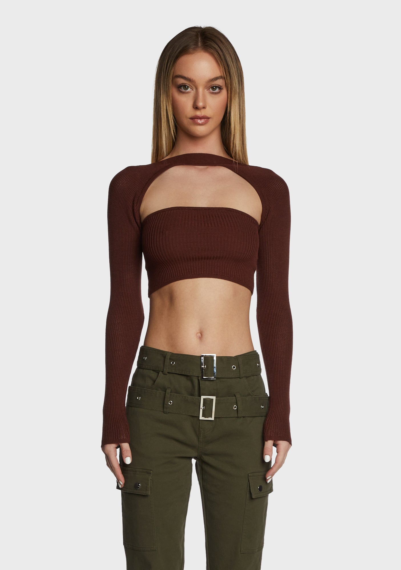 The Kript Knit Ribbed Long Sleeve Crop Top - Brown – Dolls Kill