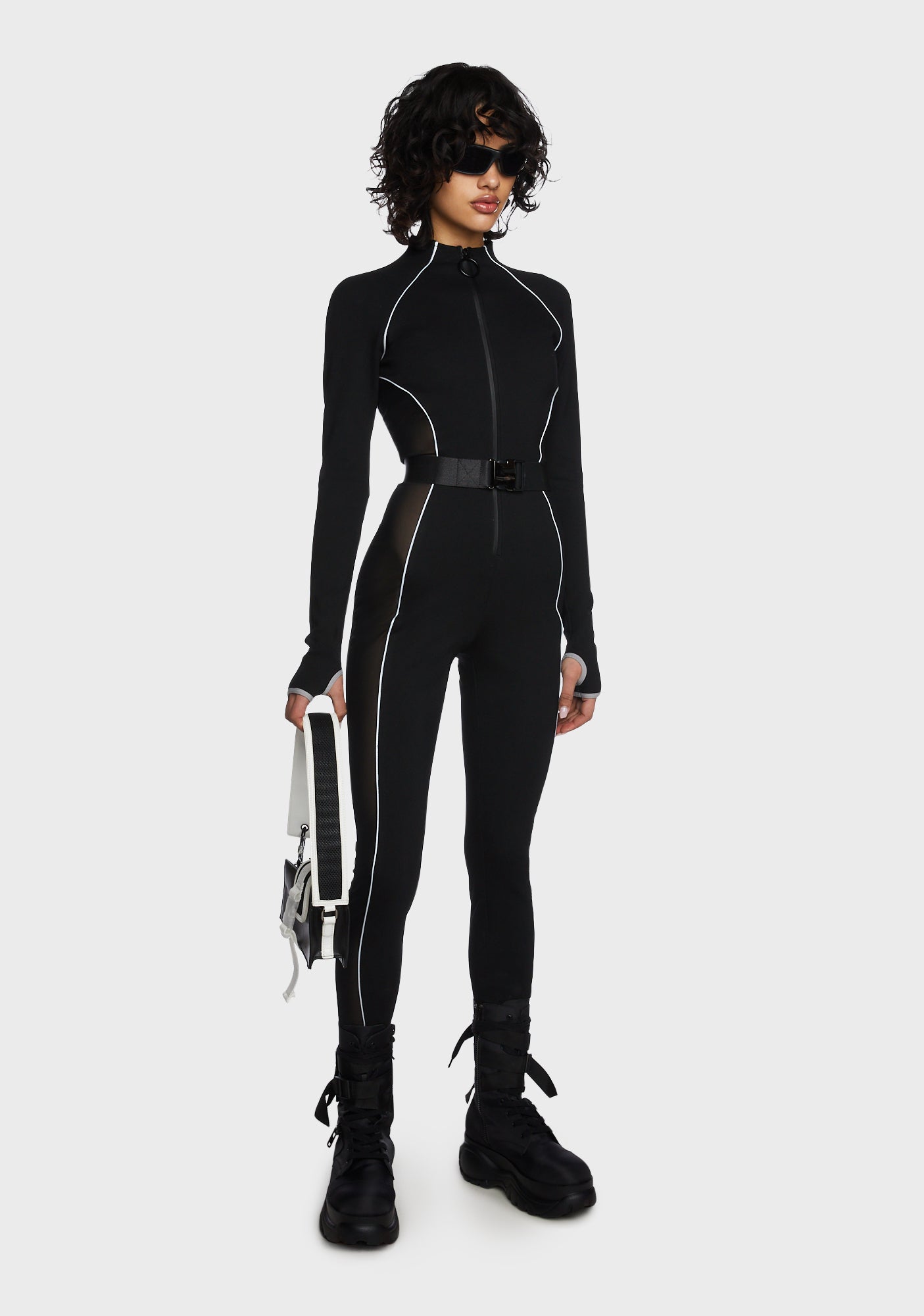 Poster Grl Reflective Trim Zip Up Buckle Catsuit - Black – Dolls Kill