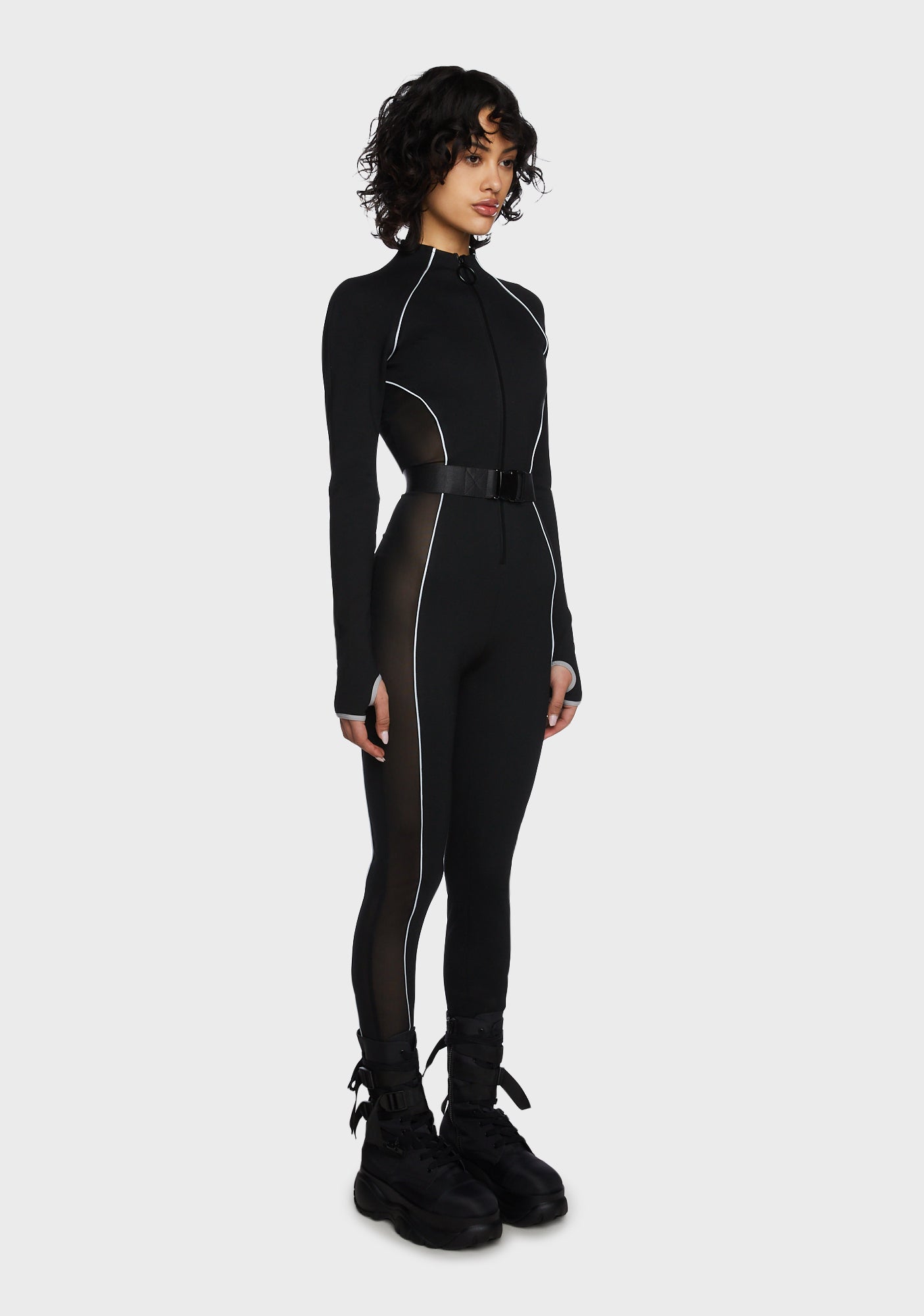 「数量限定 在庫処分セール」 Poster Grl Reflective Trim Zip Up Buckle Catsuit - Black ワンピース