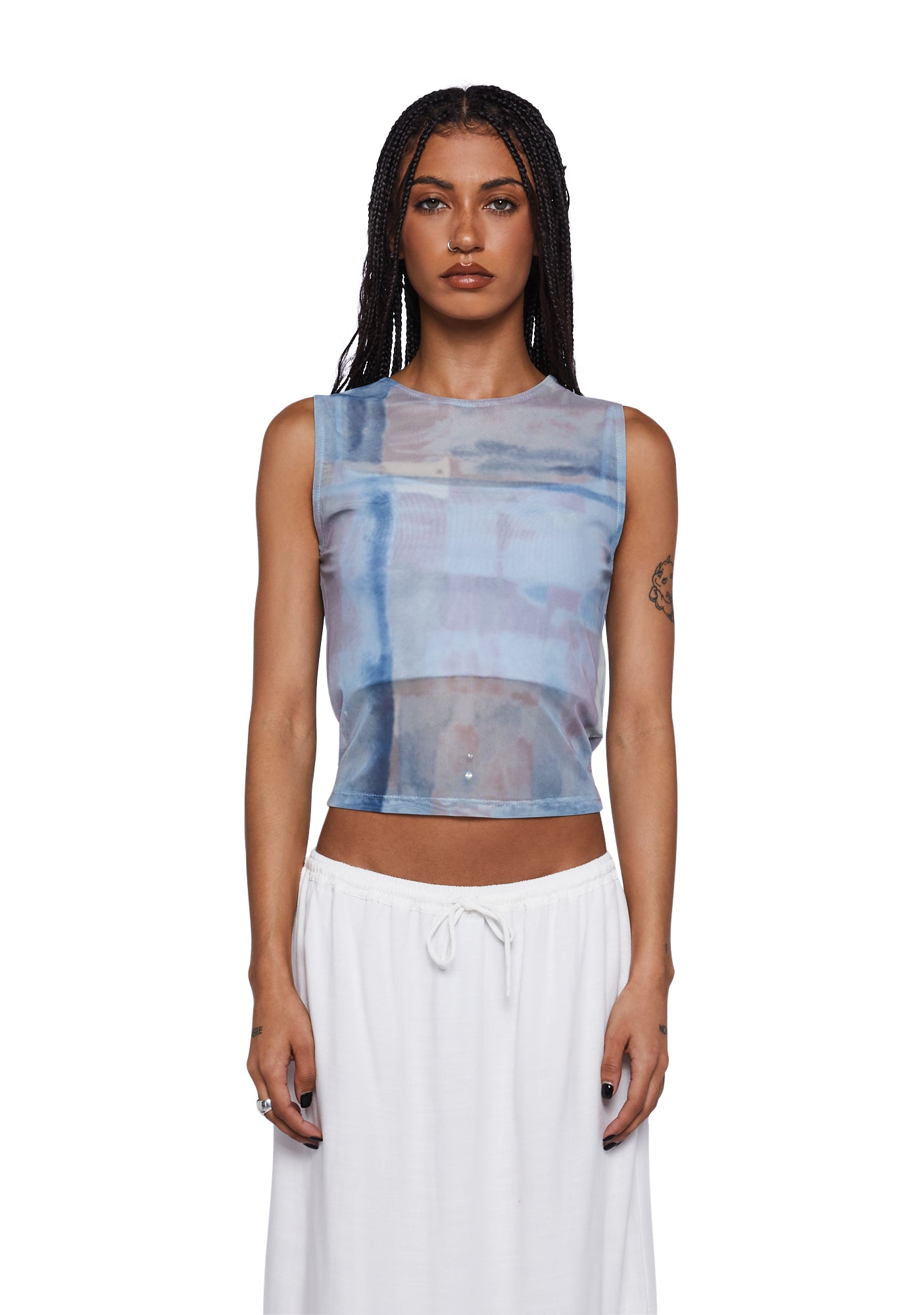 Motel Abstract Print Crop Tank Top - Mesh Abstract Paint Brush Blue ...