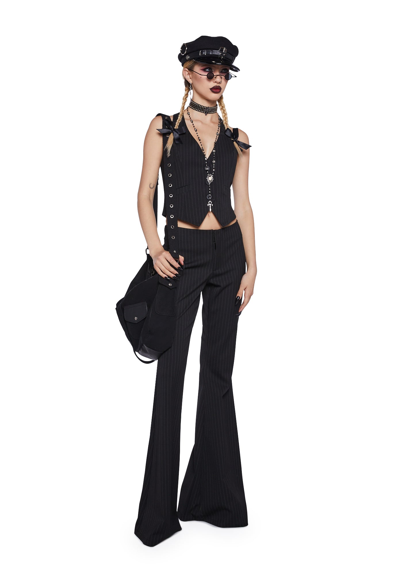 Widow Pinstripe Low Rise Flared Pants Black/Gray Dolls Kill