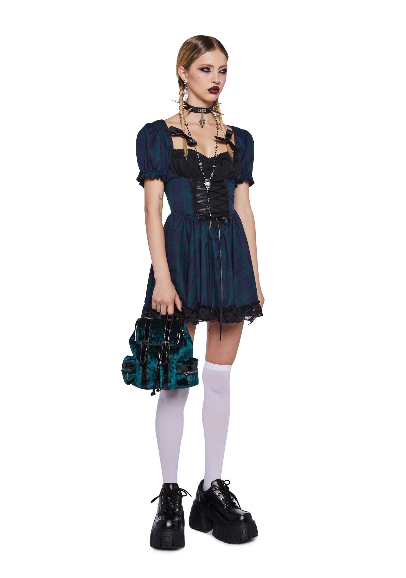 Widow Plaid Milkmaid Mini Babydoll Dress - Multi Dolls Kill Widow Plaid Milkmaid Mini Babydoll Dress - Multi Dolls Kill